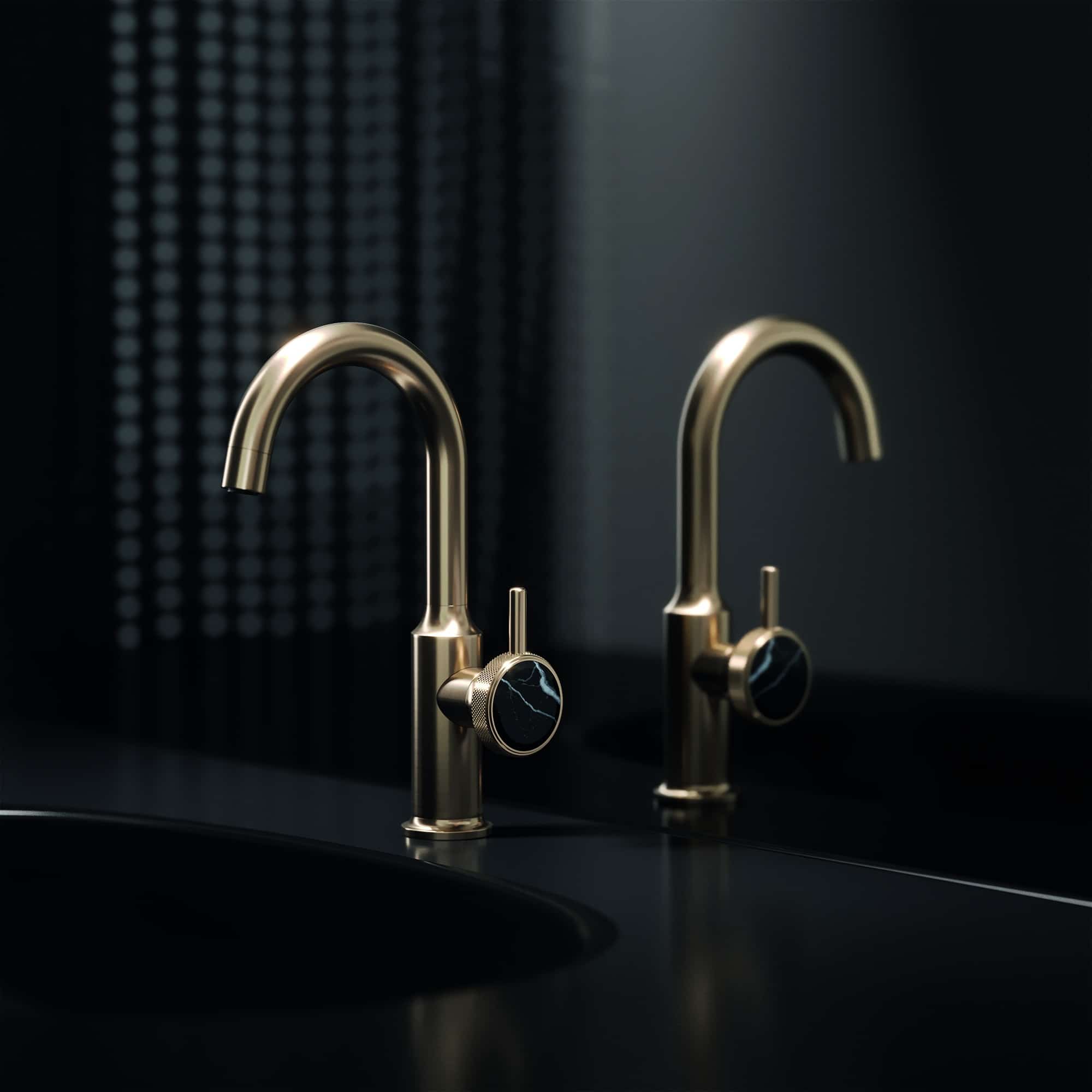 Jörger Armaturen zeigt schwarzes Waschbecken mit Wasserhahn aus Messing und schwarzem Marmordekor.