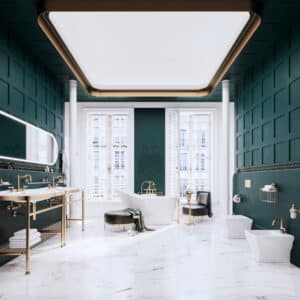 Ein klassisch gestaltetes Badezimmer in Weiß, Schwarz und Dunkelgrün mit Armaturen und Accessoires in edelmessing matt von Jörger.