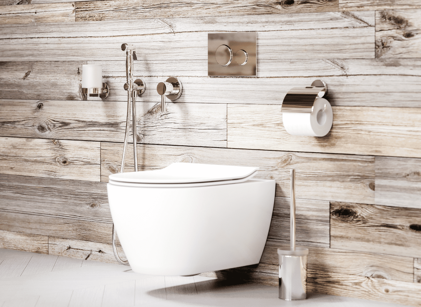 Blickfang: „Eleven“-Ensemble in Silbernickel für den WC-Bereich mit Hygienebrausegarnitur mit Unterputz 1-Hand Brausebatterie und passenden Accessoires. Perfekt dazu die matt weiße Toilette von Scarabeo. Schön veredelt auch die WC-Betätigungsplatte.