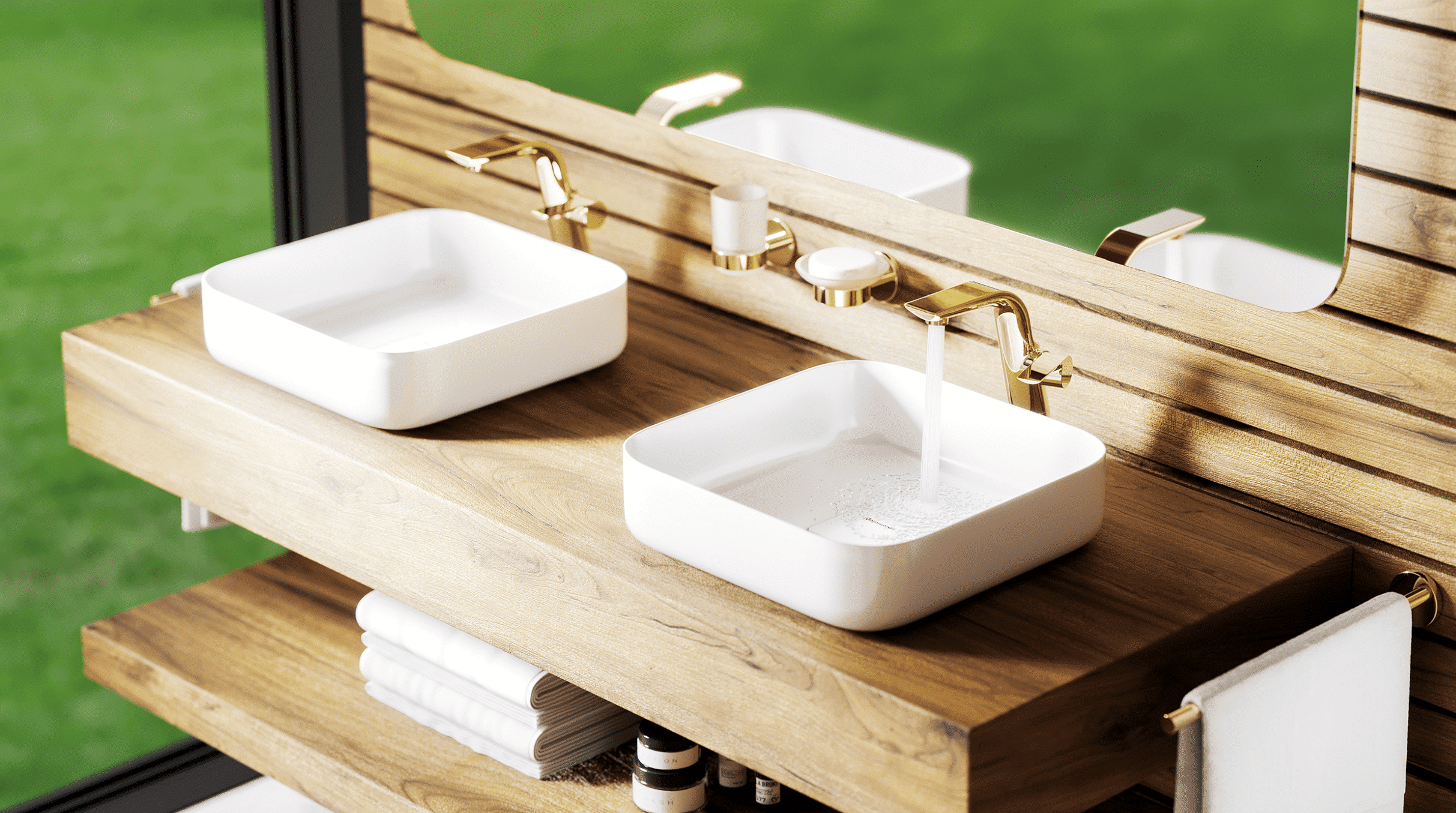 Natürlich, chic und luxuriös: Waschtisch-Design zum Verlieben! Die Verbindung der dynamischen „Exal“-Armatur in sonnig glänzendem Edelmessing mit dem dezent eleganten Aufsatzbecken von Antonio Lupi in Weiß ist doppelt ein echter Coup.