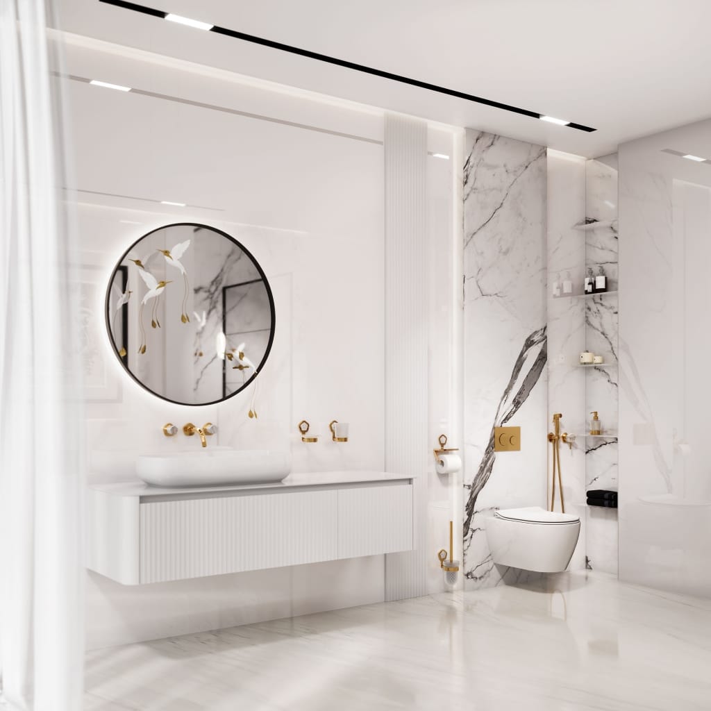 Wand-Waschtisch 3-Loch-Batterie und Accessoires in Edelmessing mit weißem Türkis von Jörger.