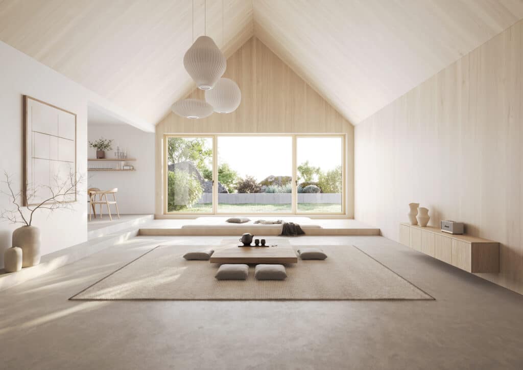 Ein modernes, helles, minimalistisches Haus im japanischen Stil mit Satteldach, heller Holzvertäfelung und rahmenschlanken Holz-Alu-Terrassenschiebetür "Platin, 2. Generation" von Josko.