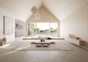 Ein modernes, helles, minimalistisches Haus im japanischen Stil mit Satteldach, heller Holzvertäfelung und rahmenschlanken Holz-Alu-Terrassenschiebetür "Platin, 2. Generation" von Josko.