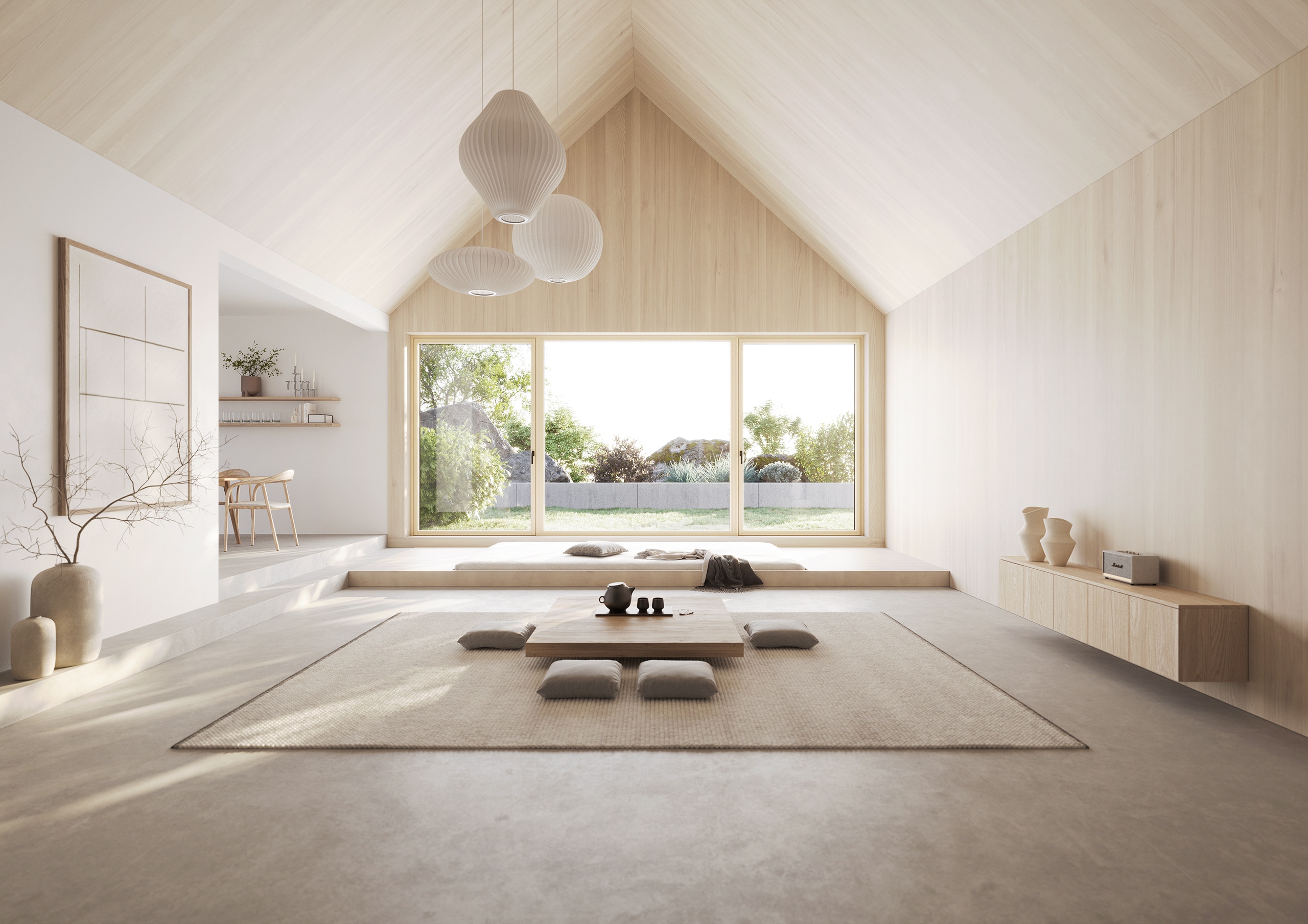 Ein modernes, helles, minimalistisches Haus im japanischen Stil mit Satteldach, heller Holzvertäfelung und rahmenschlanken Holz-Alu-Terrassenschiebetür "Platin, 2. Generation" von Josko.