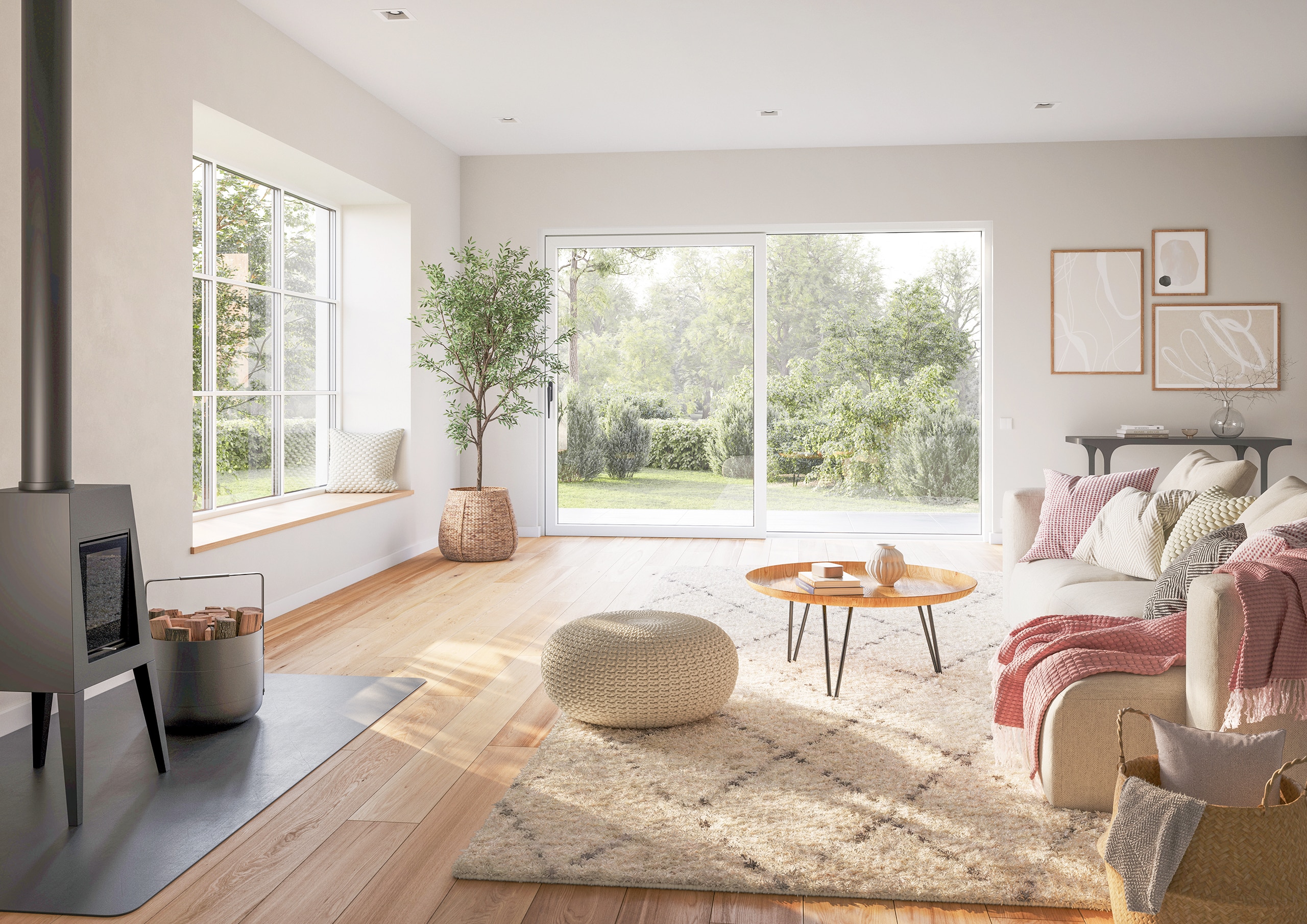 Ein offener Wohnraum mit Couch, Kamin, grosser weißer Kunststoff/Aluminium-Terrassenschiebetür so wie Sitzfenster mit Sprossen aus der Zirkon‑Reihe von Josko.