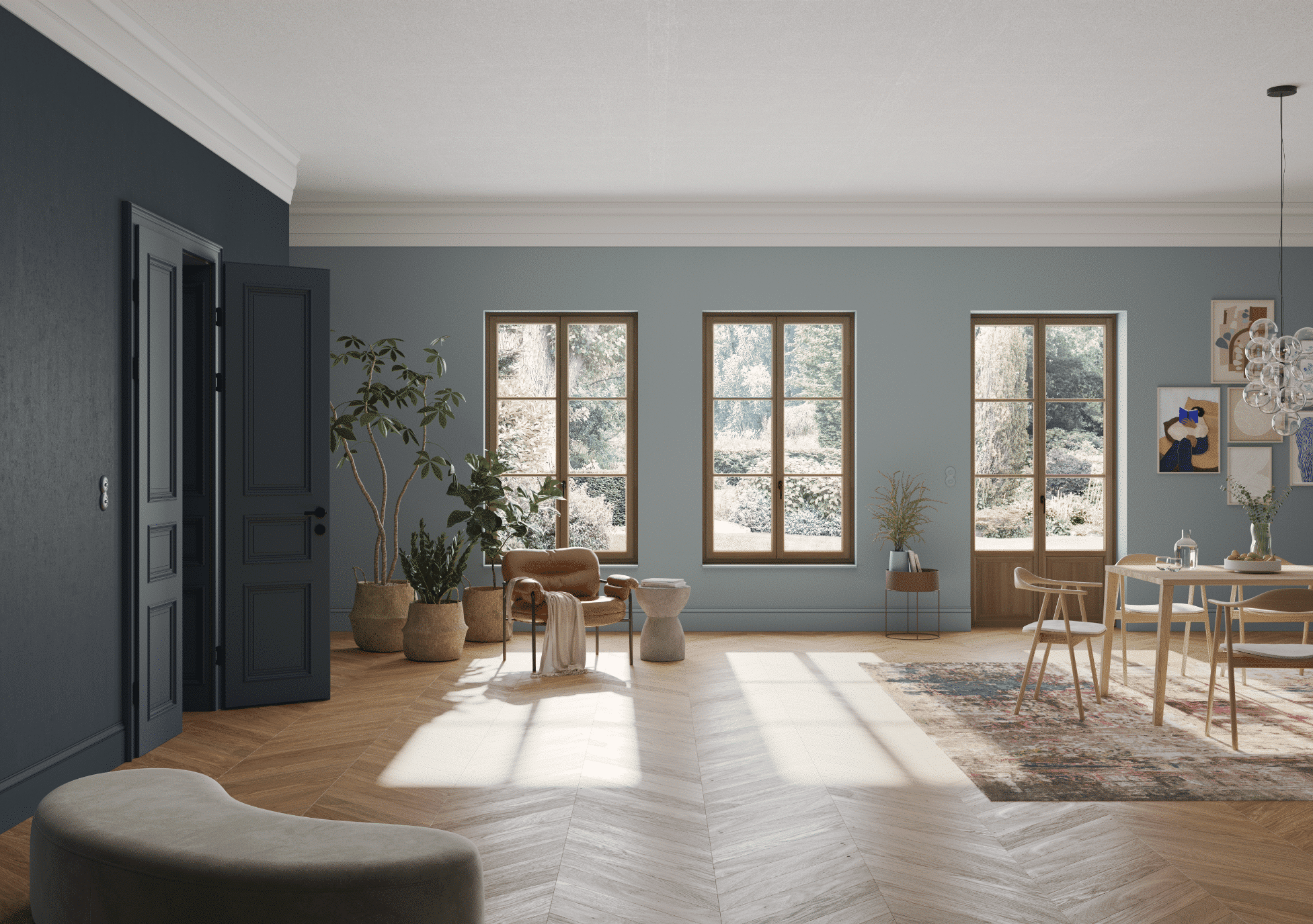 Ruhig, stilvoll und mit verspielten Akzenten: Lade die moderne Klassik zu dir nach Hause ein, mit warmem Holz, einer eleganten Basis aus abgetönten Farben und charmanten Details, wie profilierten Türen und Fensterrahmen.