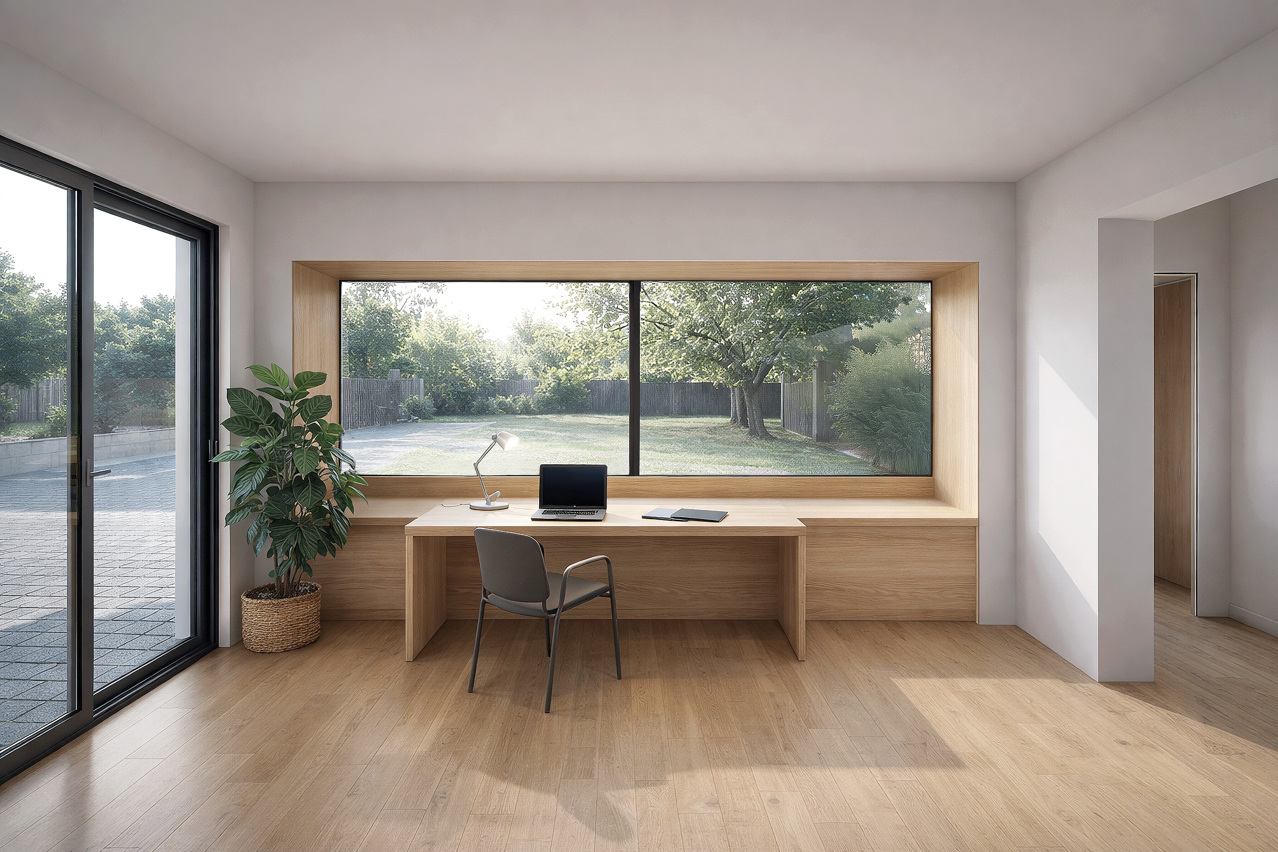 KDM Innovation zeigt ein Büro mit einem Fenster, das quer zur Schreibtischplatte verläuft und Dank Movista Fensterbeschlägen per Schieben geöffnet werden kann.