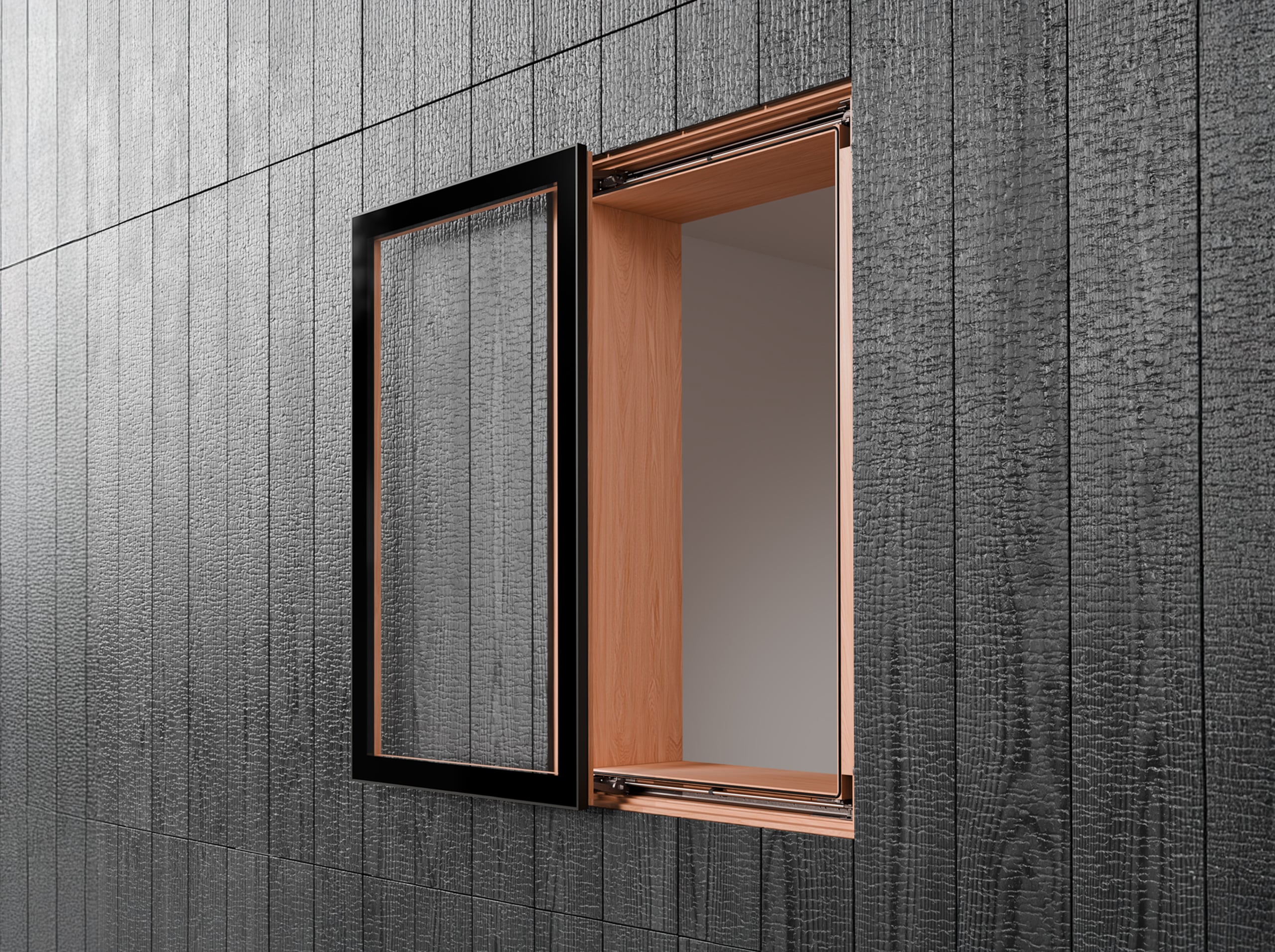 KDM Innovation zeigt ein Fenster mit schwarzem Rahmen, das Dank Movista Fensterbeschlägen per Schieben geöffnet wurde.