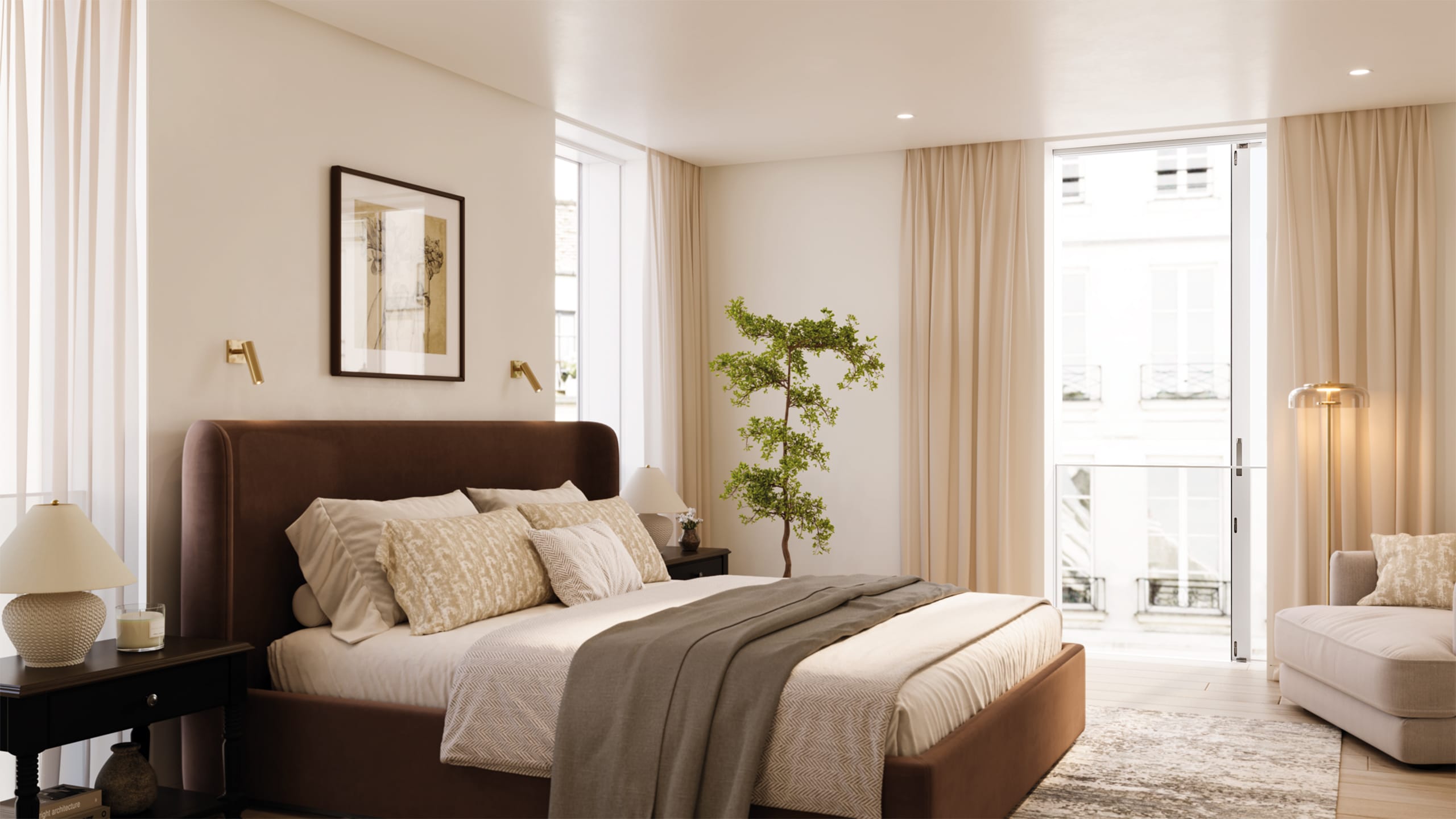 KDM Innovation zeigt ein Schlafzimmer mit einem französischen Fenster, das Dank Movista Fensterbeschlägen per Schieben geöffnet werden kann.