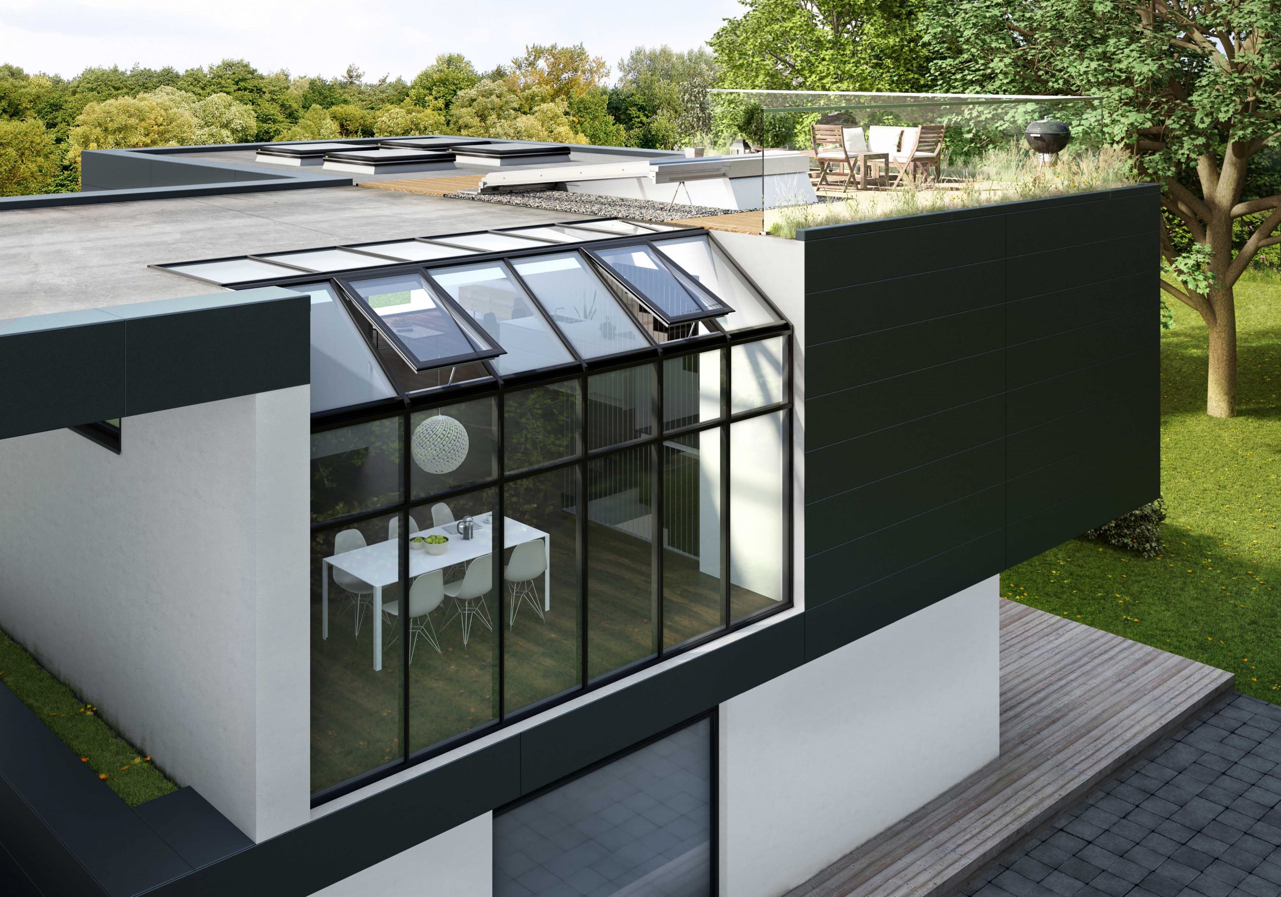 Der neue LAMILUX Lüftungsflügel PR60 in die Glasdachfläche ein.