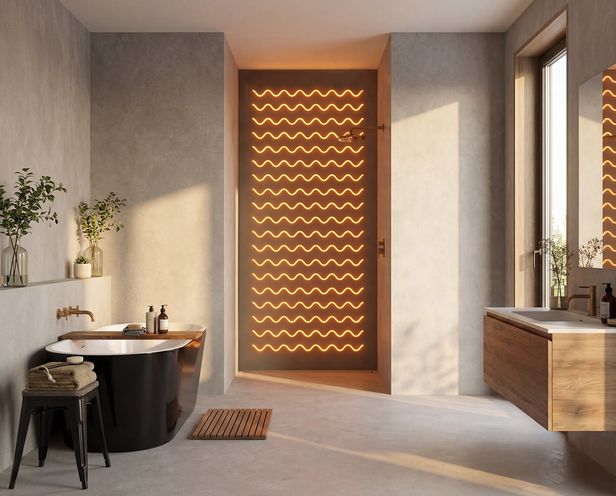 LICO zeigt die Visualisierung der beheizten Rückwand einer Duschnische in einem großen Badezimmer.