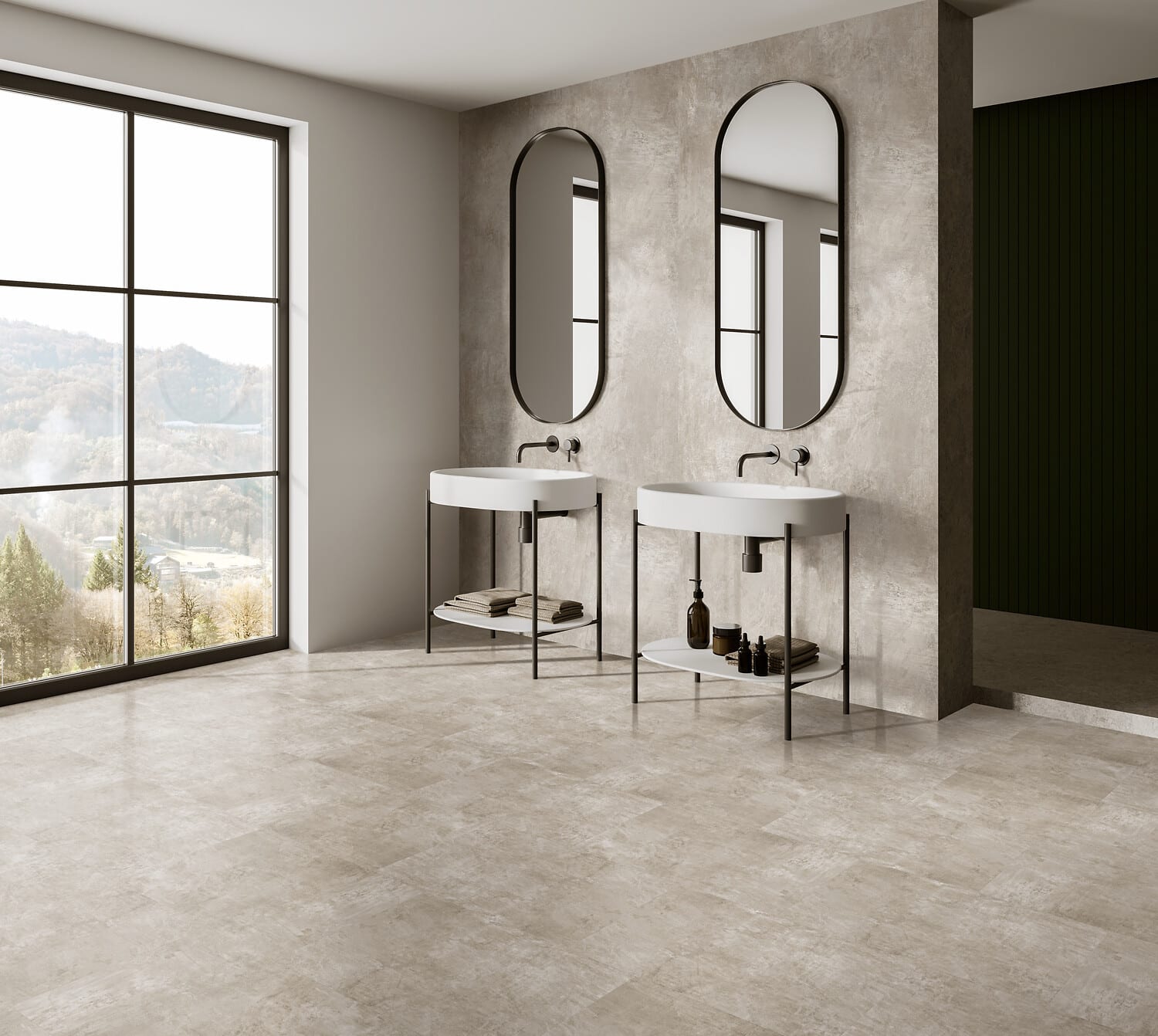 LICO präsentiert die beheizte Rückwand, die graumeliert bedruckt ist, hinter zwei Waschtischen in einem großen offenen Badezimmer.