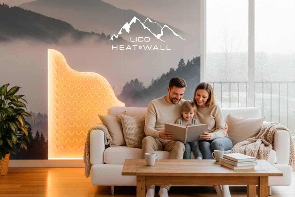 LICO präsentiert die beheizte Wand, die mit einem schönen Foto bedruckt ist, in einem Wohnzimmer.