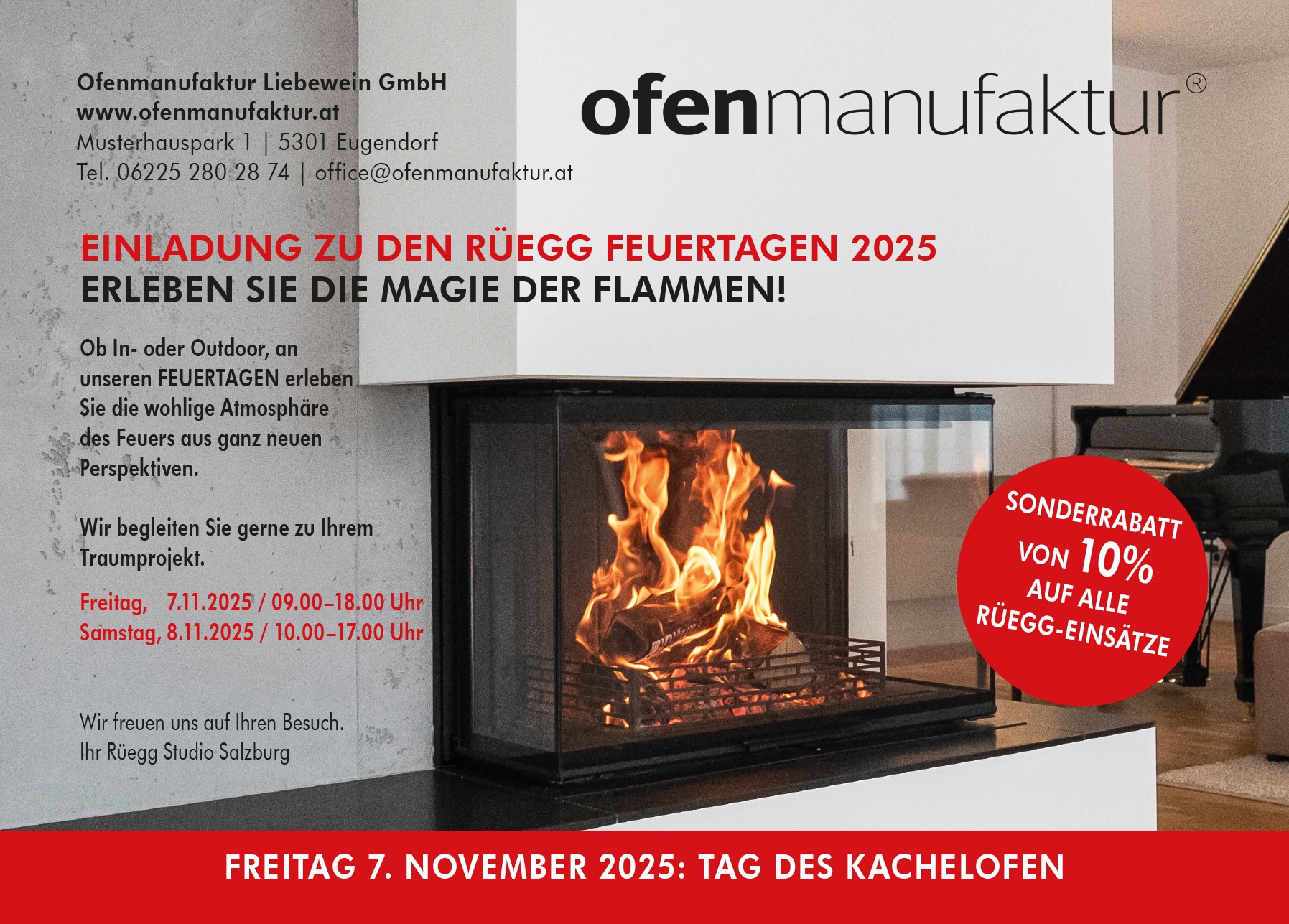 Ein moderner Kaminofen mit großflächiger Glasscheibe, in dem lebhafte Flammen tanzen und der von schlichtem, hellem Putz umrahmt wird — ein harmonisches Schmuckstück von Ofenmanufaktur Liebewein.