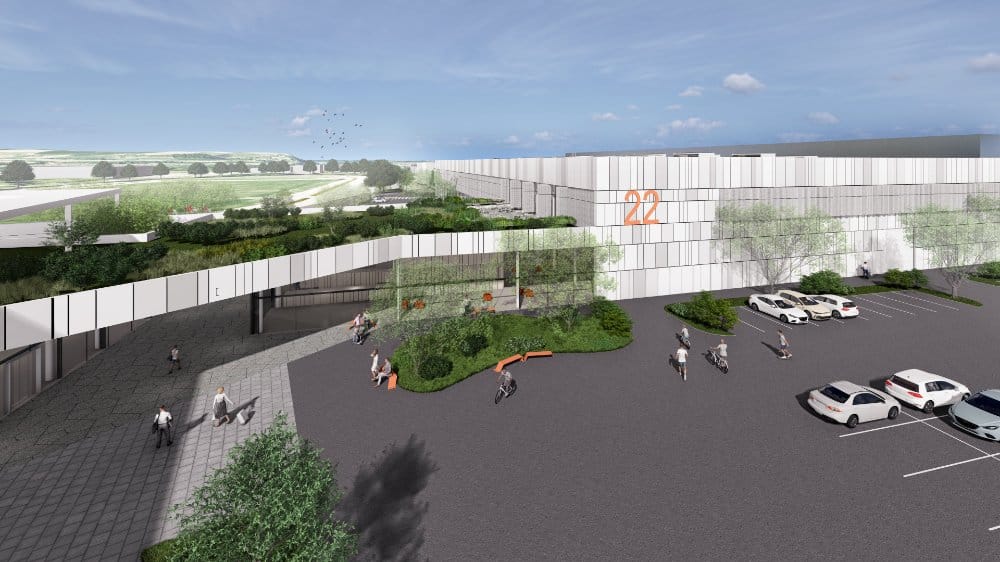 Eine Außenansicht der „WE BUILD“-Energiesparmesse in Wels als modernes Architektur-Rendering mit großzügiger Glasfassade und klaren Linien.