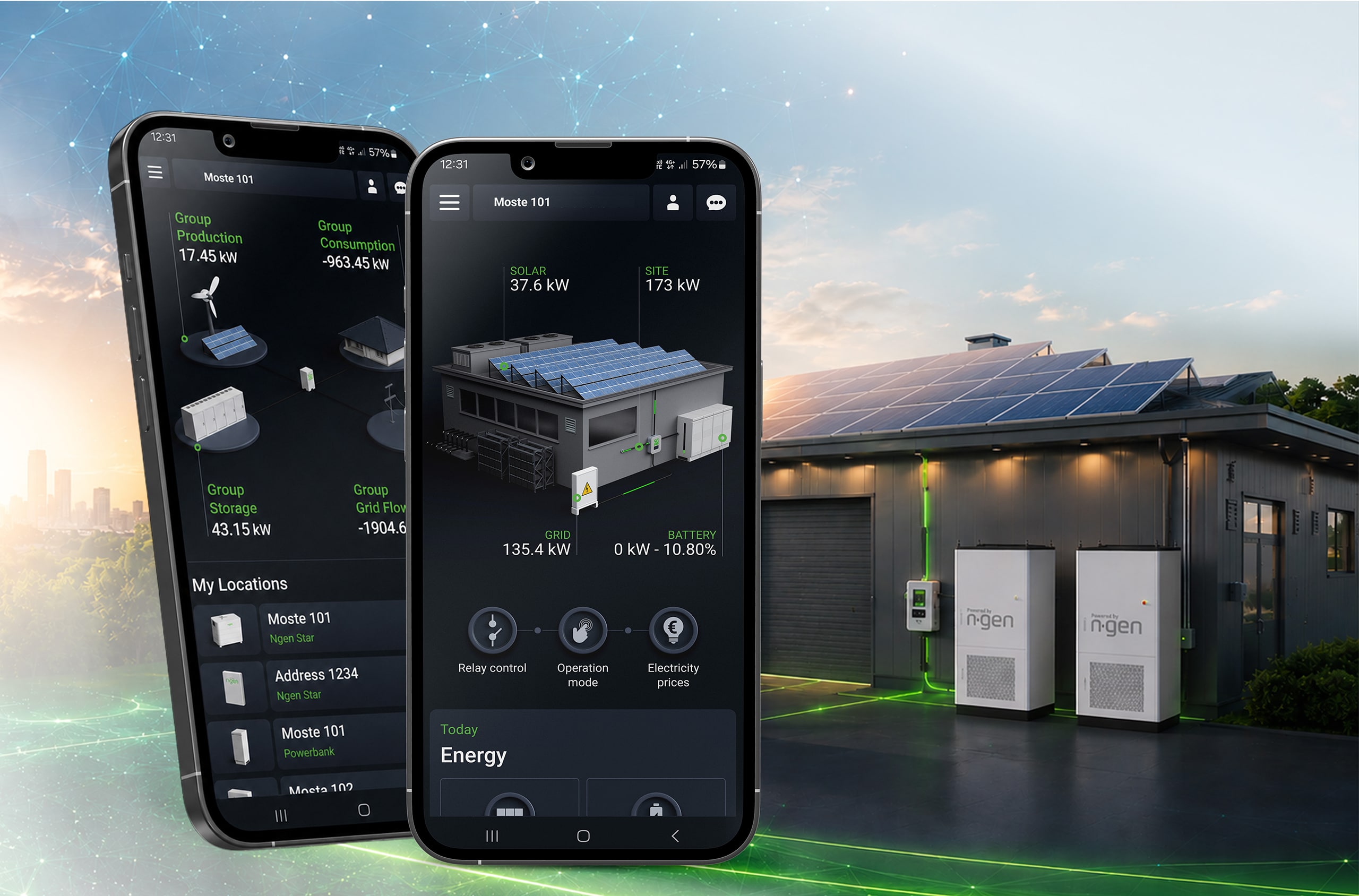 NGEN zeigt ein Gebäude mit einer Photovoltaik-Anlage am Dach und Energiespeichern und die dazugehörige Steuerung per App am Mobiltelefon.