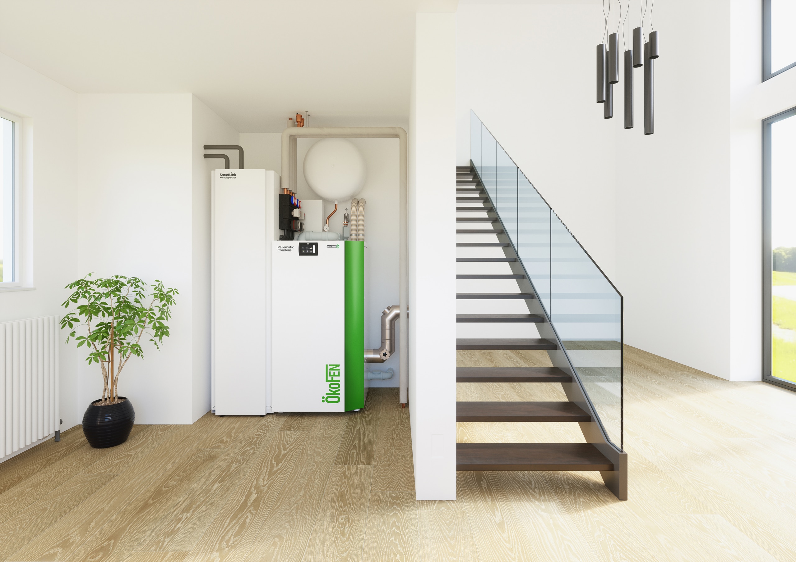 Eine offene Techniknische im Erdgeschoss eines Hauses mit Keller einer Pellematic Condens und einem SmartLink Kombispeicher und Hydraulik von ÖkoFEN.