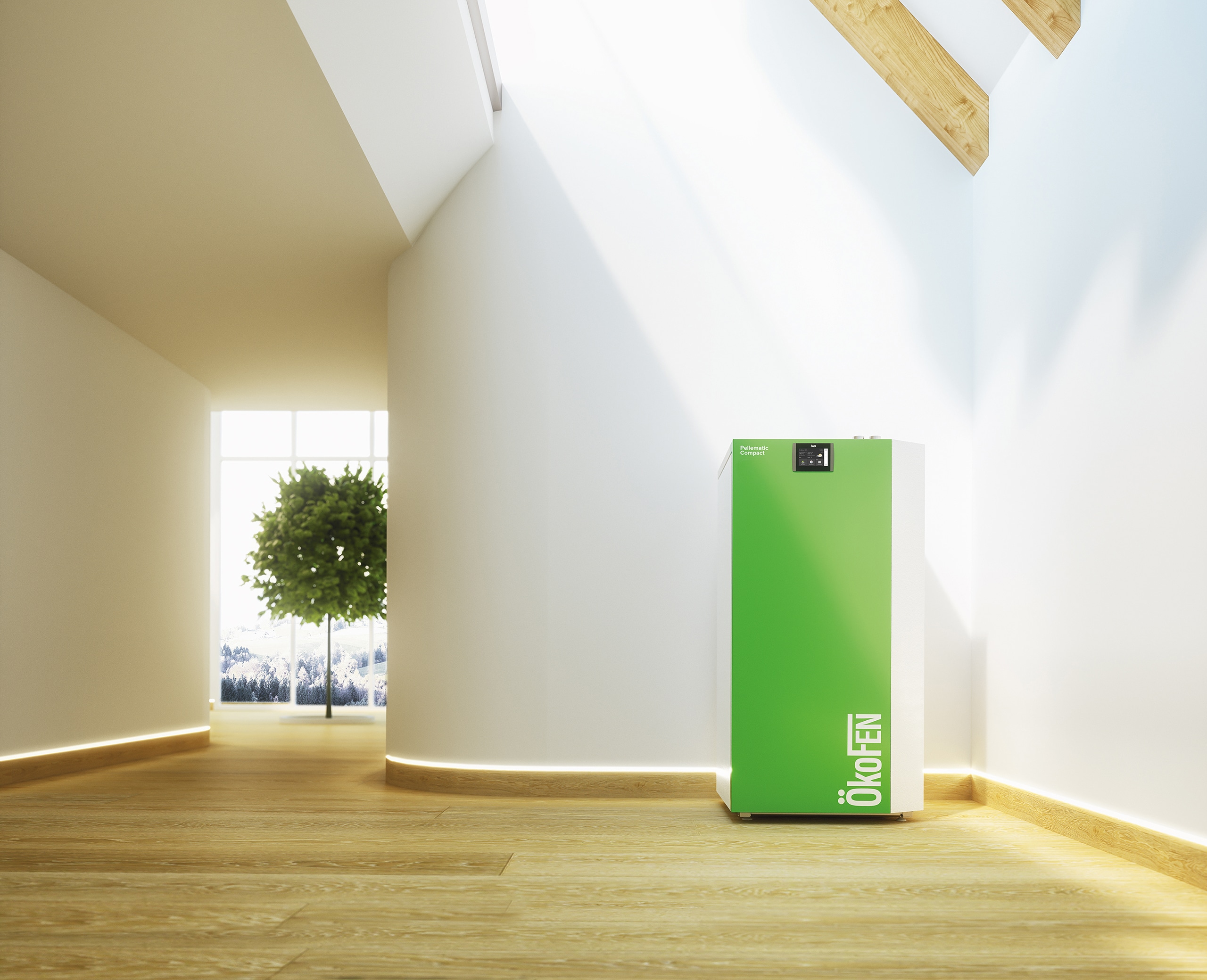 Eine in einem Haus mit Dachschräge freistehende Pellematic Compact von ÖkoFEN.