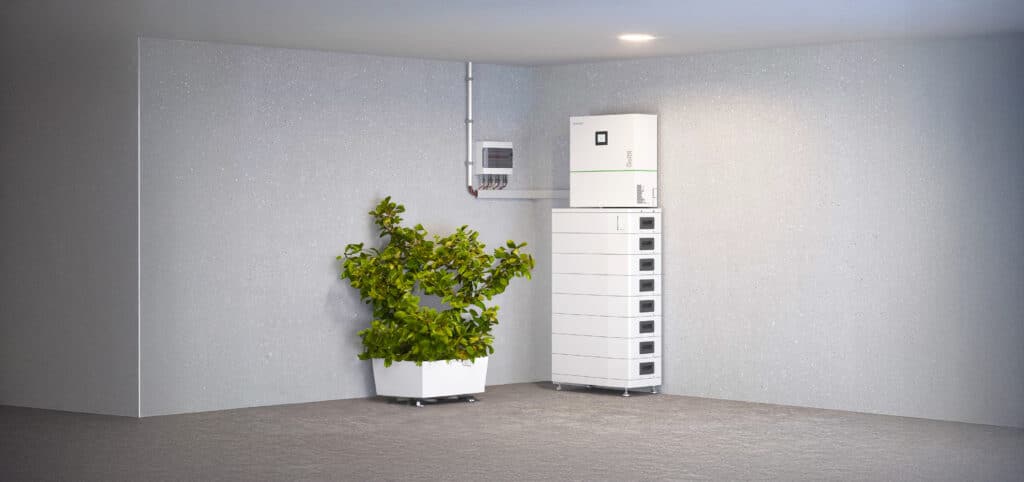 Kompaktes, verkabeletes Batteriesystem "GreenBOX®" mit gestapelten Energiespeichermodulen in einem Technikraum bzw. Keller mit Pflanze von ÖkoFEN.