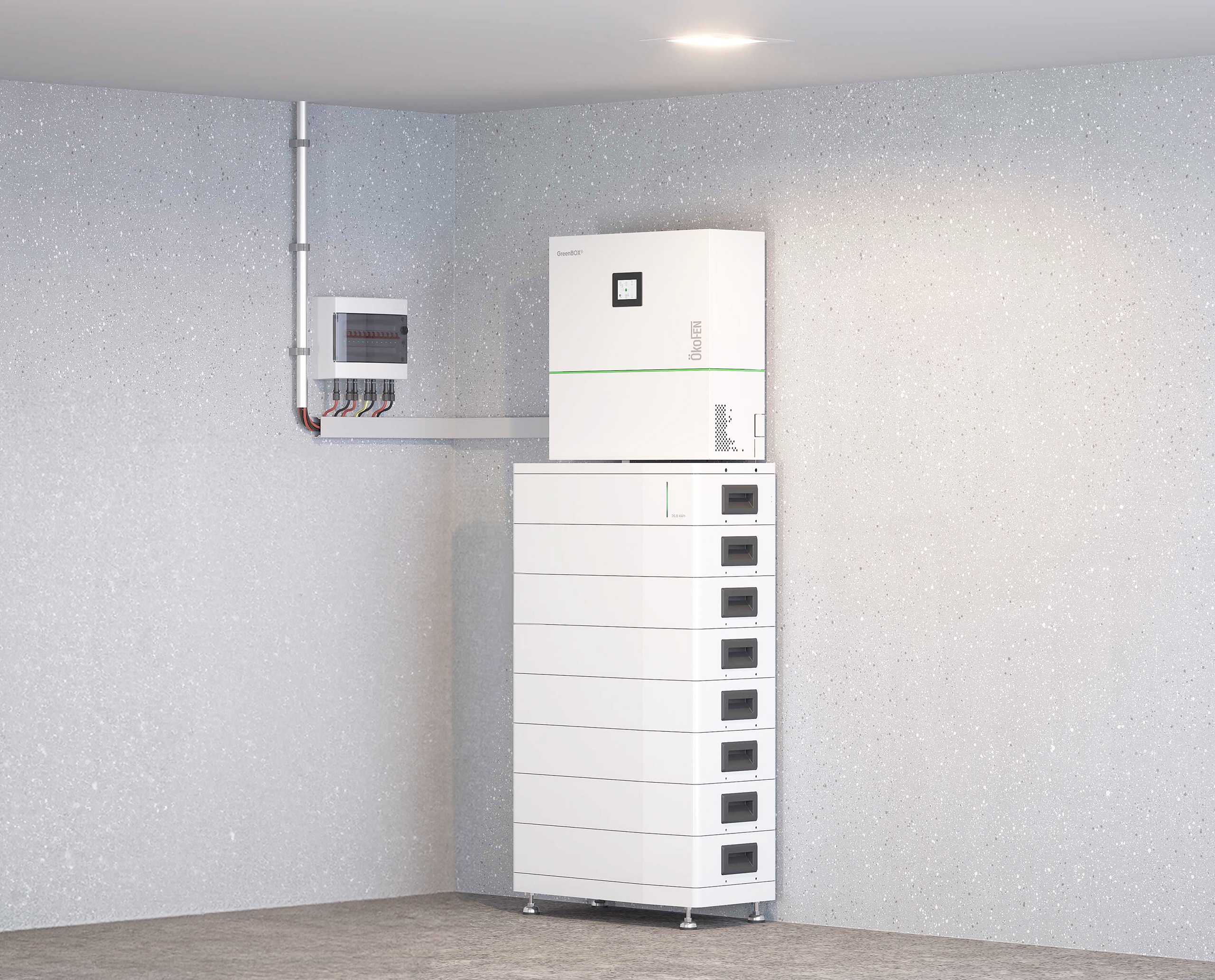 Kompaktes, verkabeletes Batteriesystem "GreenBOX®" mit gestapelten Energiespeichermodulen in einem Technikraum bzw. Keller von ÖkoFEN.