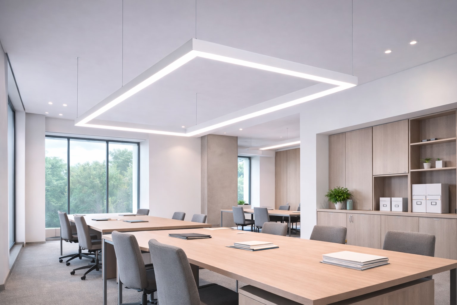 Opple Lighting zeigt einen Besprechungsraum mit zwei großen Tischen und einer großen vierseitigen und schmalen von der Decke hängenden Leuchte.
