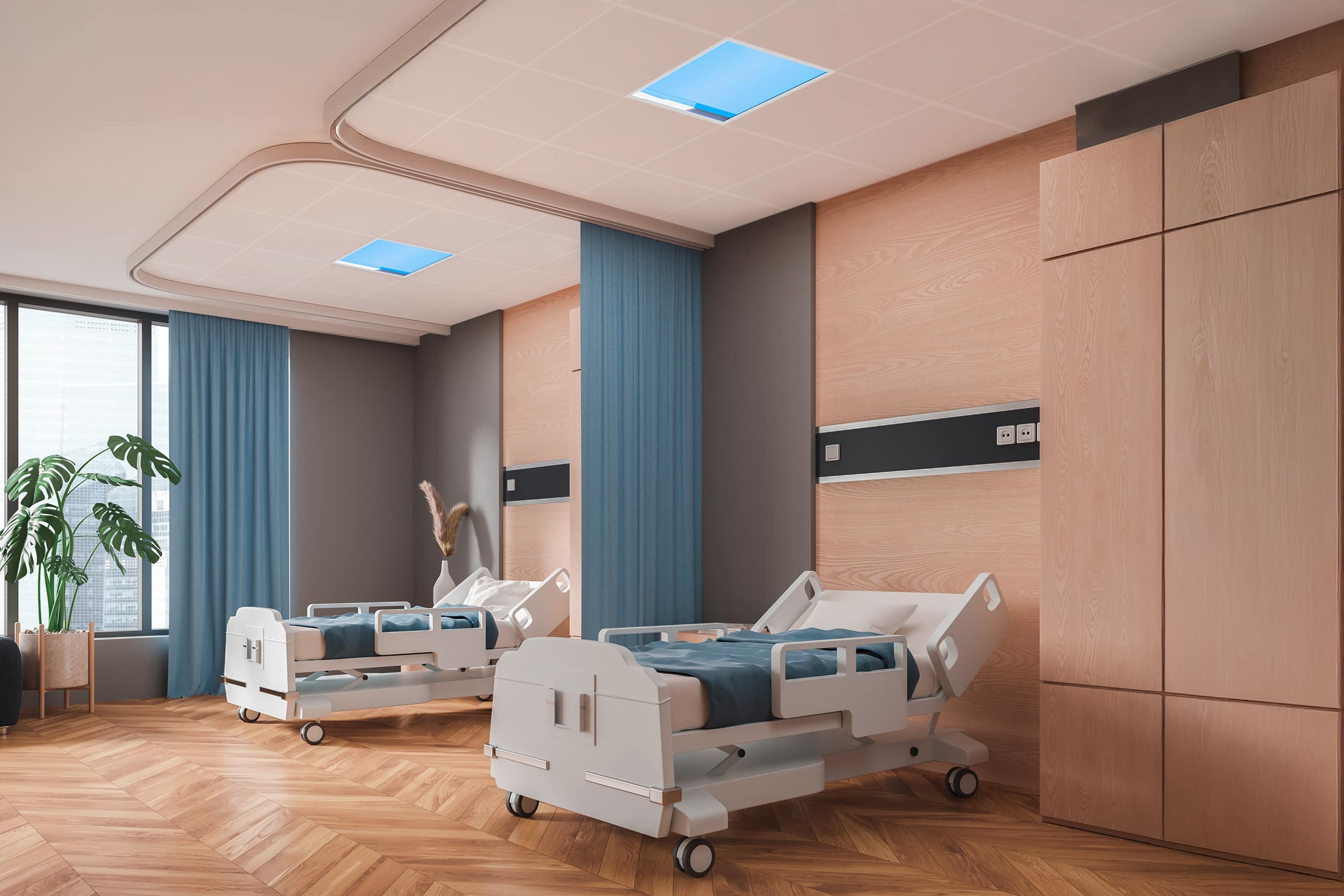 Opple Lighting zeigt ein Krankenzimmer mit großen quadratischen, in der Decke über dem Krankenbett integrierten Leuchten, die durch Spektralsteuerung das natürliche Sonnenlicht nachbilden.