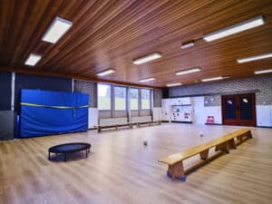 Opple Lighting zeigt die Turnhalle einer Schule mit vielen rechteckigen, auf einer Holzdecke montierten Leuchten.