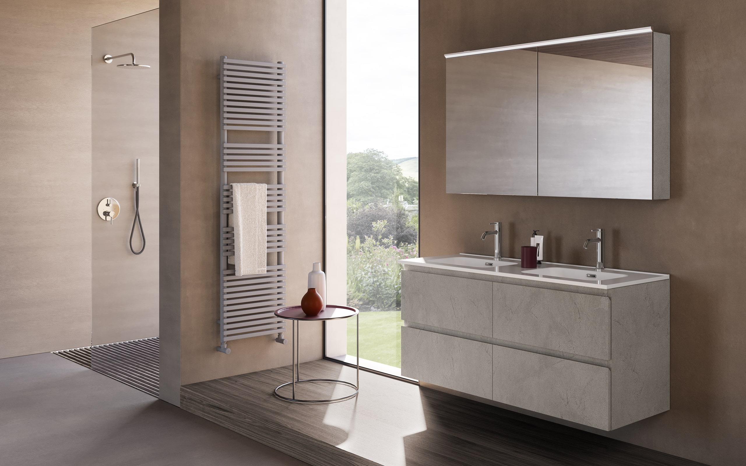 Modernes Badezimmer von Limbach mit Walk-in-Duschnische mit Bodengitter und Glaswand, einem erhöhtem Waschbereich mit schwebendem Waschtisch, einem Handtuchheizkörper in hellgrau - Grautöne und Erdfarben im Bereich Beige bis Kaschmir schaffen eine warme, stilvolle Atmosphäre.