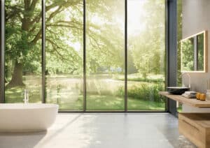 Modernes Badezimmer mit freistehender Badewanne, rustikalem Holzwaschtisch und großer Fixverglasung für eine helle, offene Atmosphäre von Limbach.