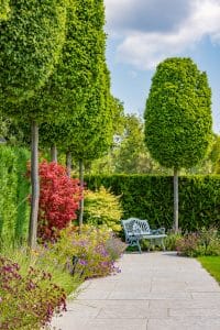Praskac Pflanzenland Prachtgarten zeigt einen schön angelegten Garten mit Beeten, Sträuchern, Bäumen und einen Steinplatten-Weg der zu einer Sitzbank führt.