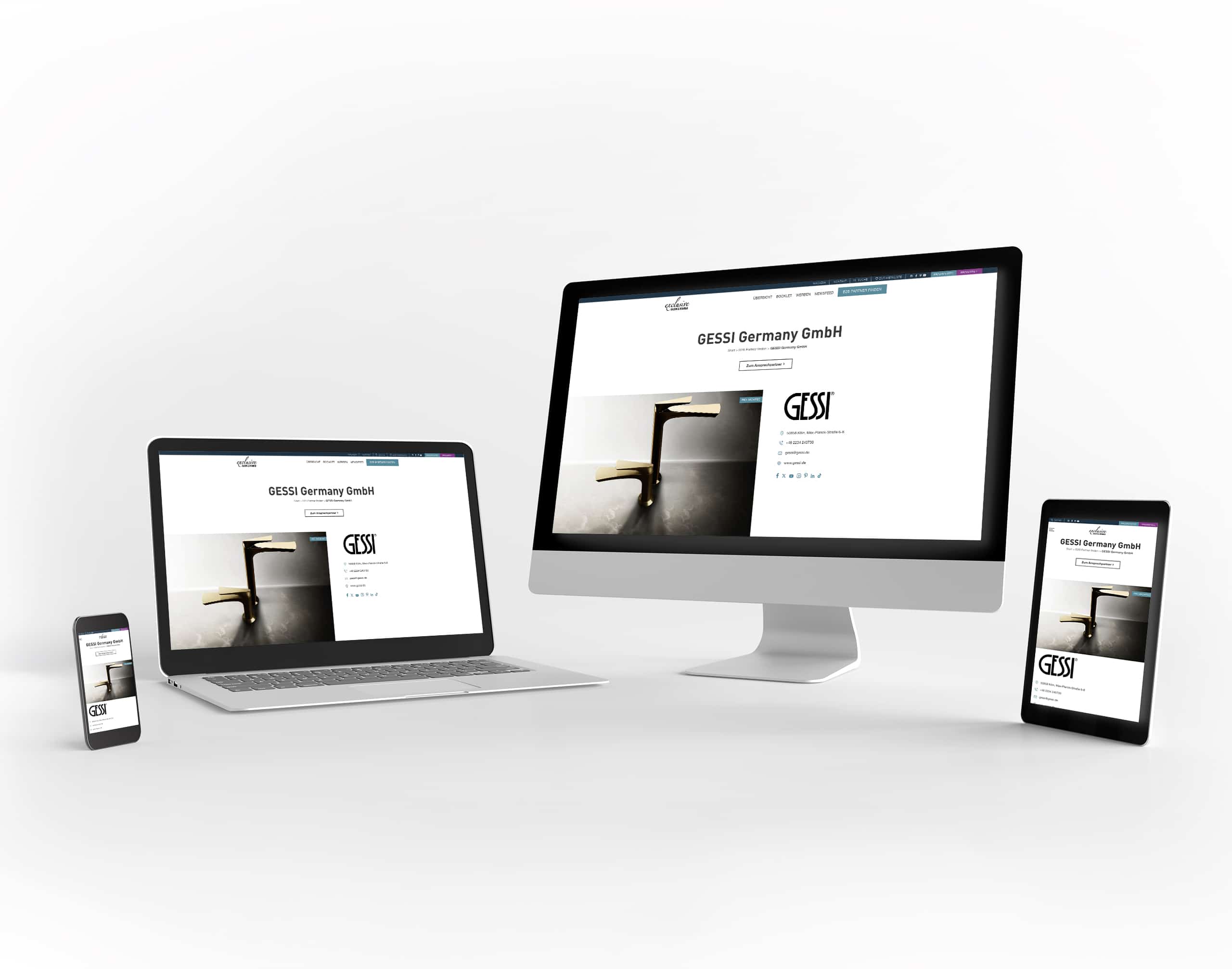 Darstellung der Firmendetailseite von Gessi Germany GmbH auf unterschiedlichen mobilen Endgeräten, wie Smartphone, Laptop, Desktop-Rechner und Tablet.