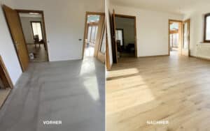 Estrich- und Parkettarbeiten im Vorher-Nachher-Vergleich: rechts ein neu verlegter Boden mit sauberer, gleichmäßiger Oberfläche von Raumgestaltung Gruber.