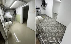 Heizraum vor und nach Sanierung: links mit noch nassem Estrich und rechts mit klassischen Bodenfliesen mit Ornamenten von Raumgestaltung Gruber.