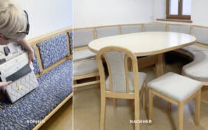 Das Bild zeigt eine Vorher-Nachher-Ansicht einer neu gepolsterten Sitzbank: Links ist der ursprüngliche, abgenutzte Zustand der Polsterung zu sehen, rechts die frisch aufgearbeitete Sitzbank mit neuem grauen Bezug mit abgesteppten Rückenteilen und sauber ausgeführten Kanten von Raumgestaltung Gruber.