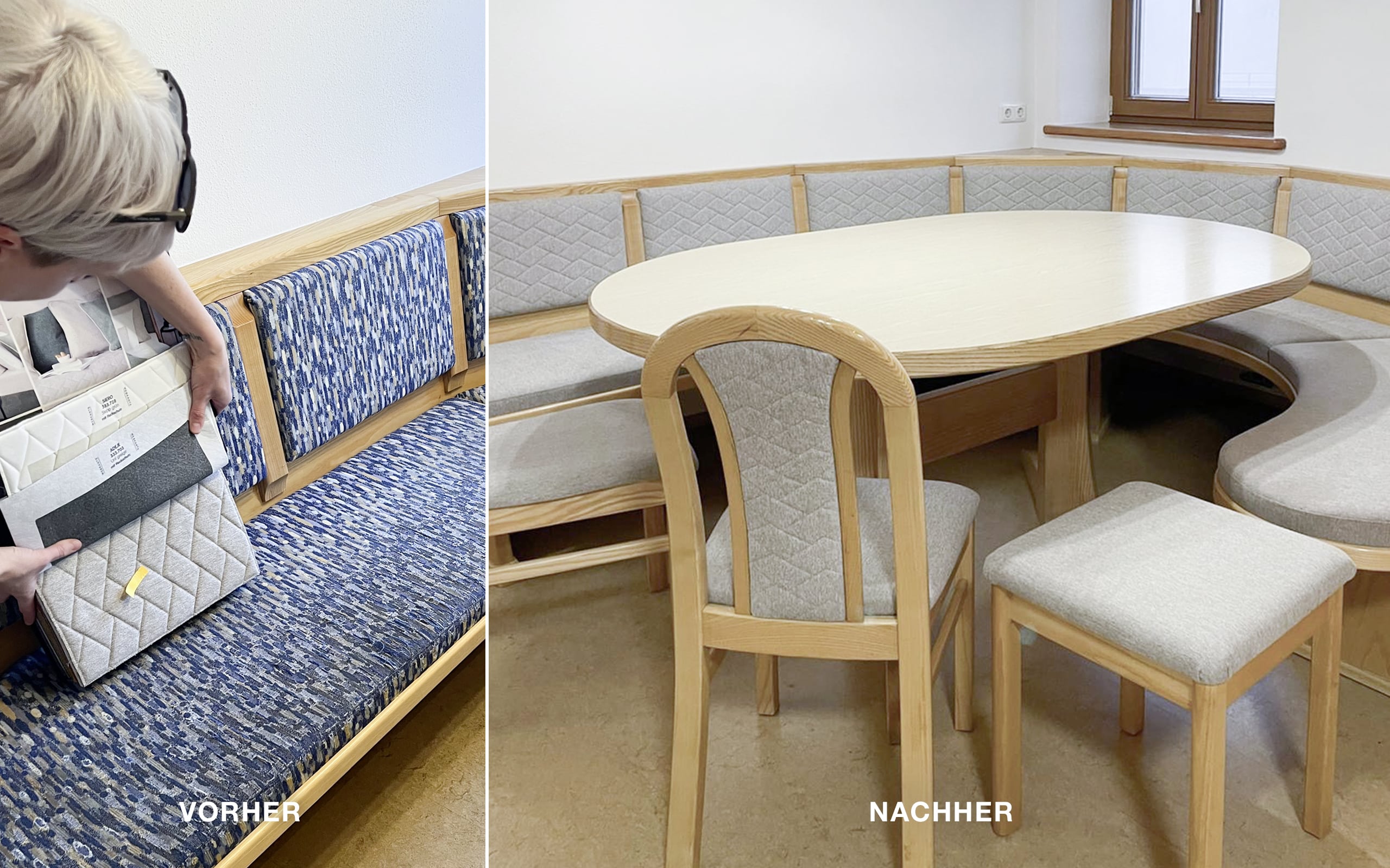 Das Bild zeigt eine Vorher-Nachher-Ansicht einer neu gepolsterten Sitzbank: Links ist der ursprüngliche, abgenutzte Zustand der Polsterung zu sehen, rechts die frisch aufgearbeitete Sitzbank mit neuem grauen Bezug mit abgesteppten Rückenteilen und sauber ausgeführten Kanten von Raumgestaltung Gruber.