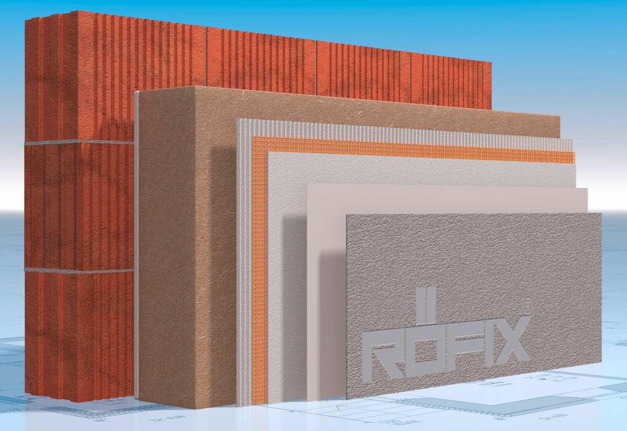 RÖFIX zeigt die Visualisierung der unterschiedlichen Schichten bei einem massiv Systemaufbau einer Fassade.