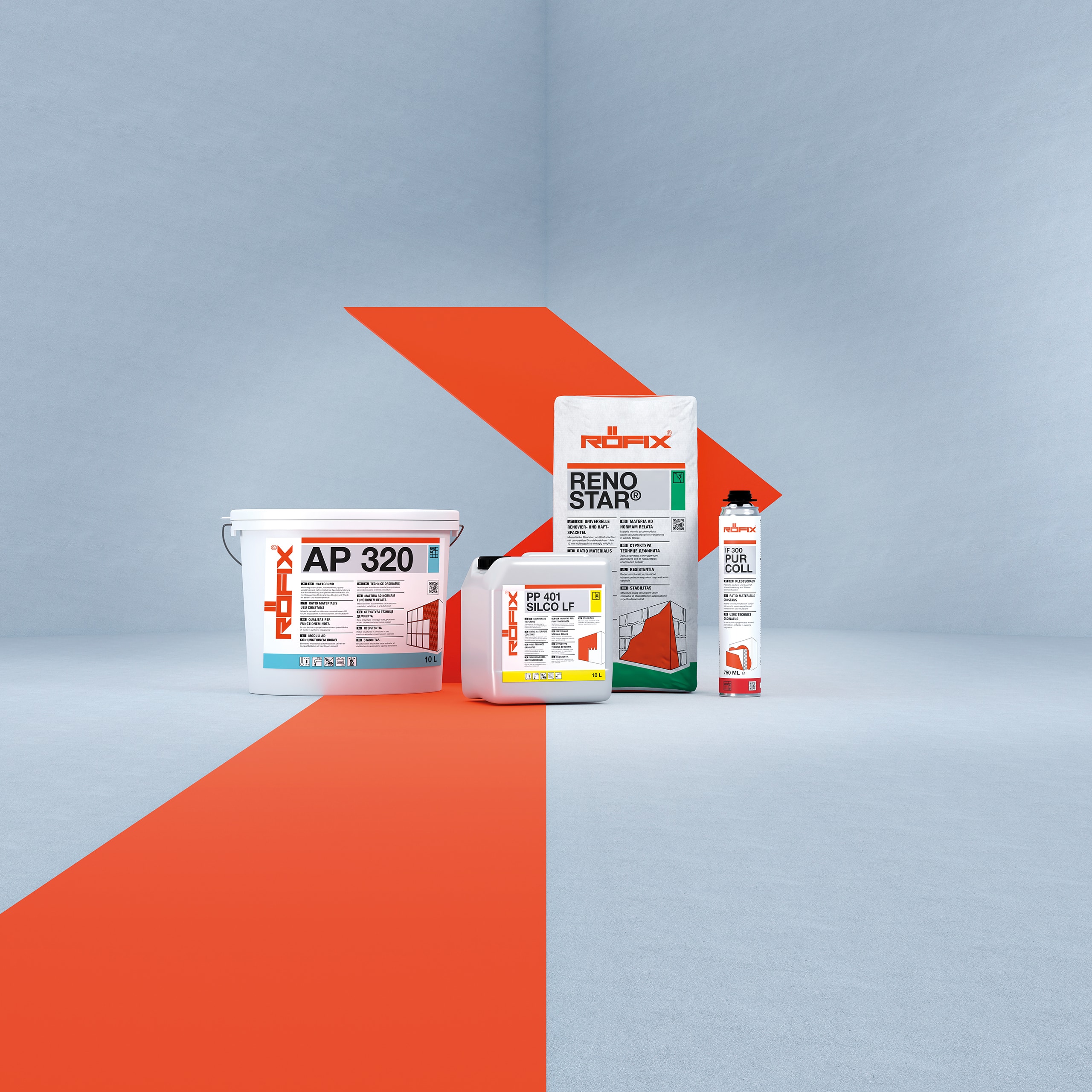 Röfix zeigt das Produktportfolio im neuen Verpackungsdesign.
