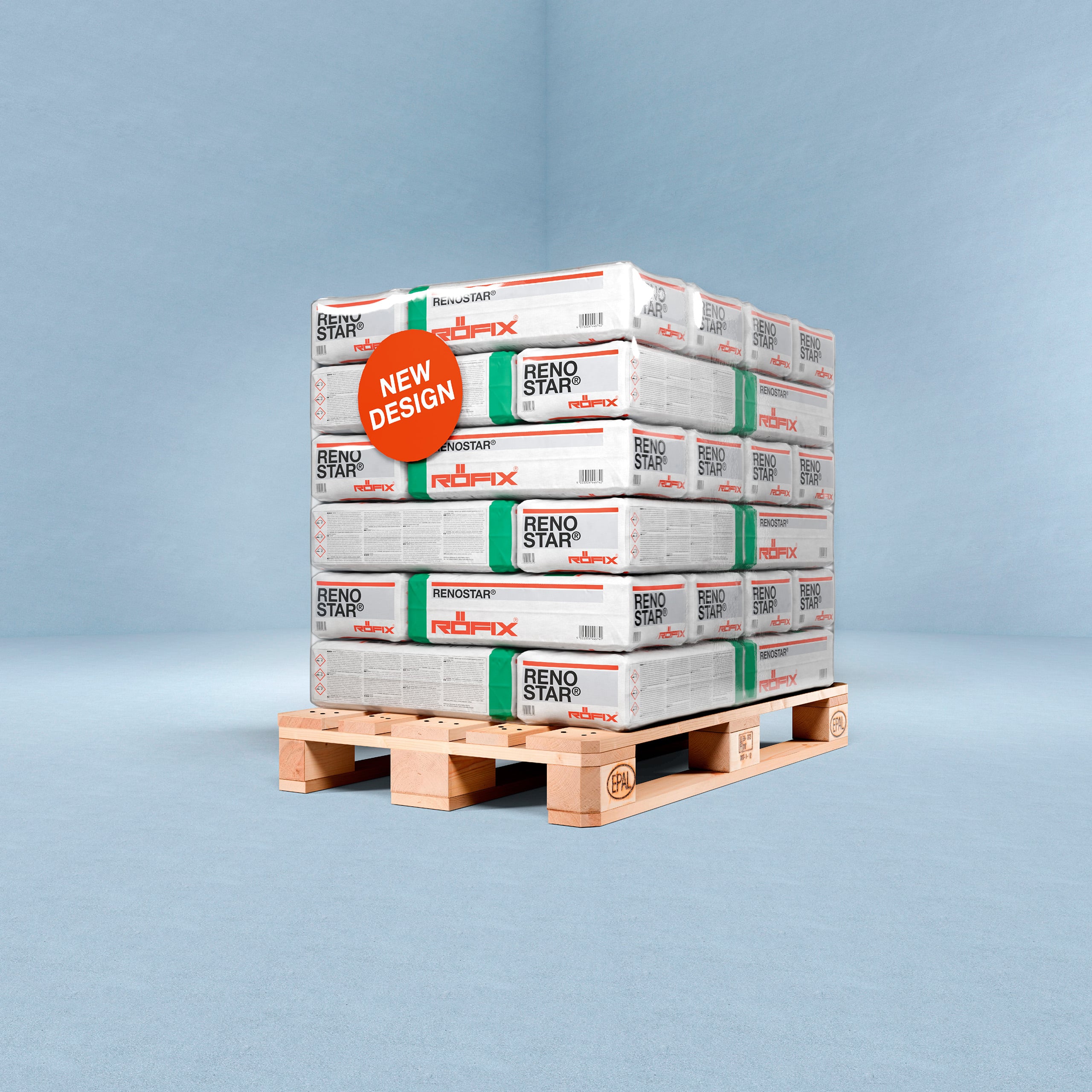 Röfix zeigt eine Palette mit Reno Star Säcken im neuen Verpackungsdesign.