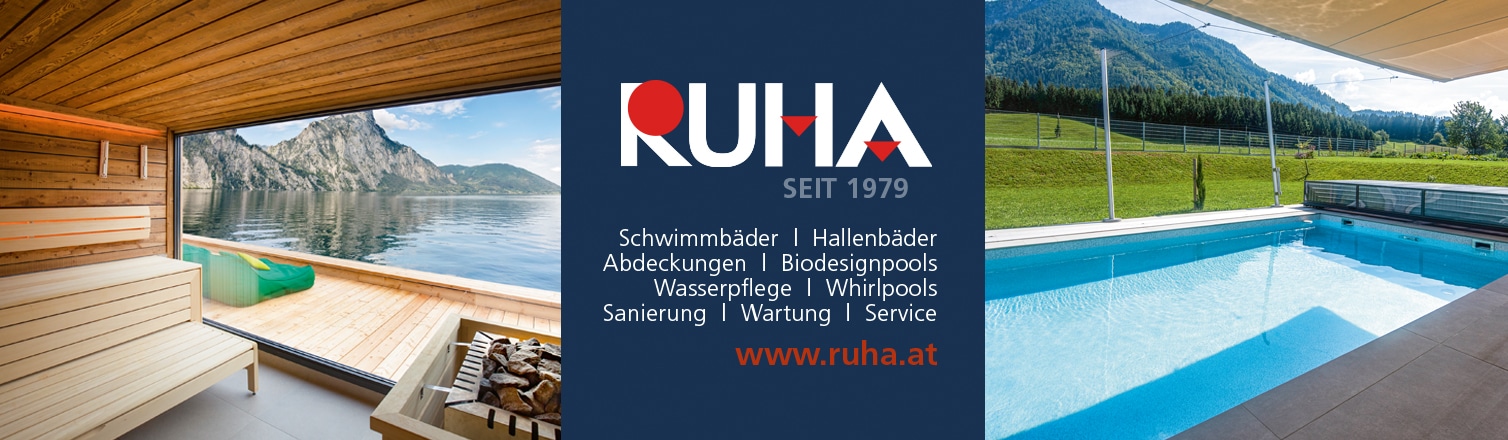 WERBUNG - RUHA Stelzmüller. Schwimmbäder, Hallenbäder, Pool-Abdeckungen, Bio-Designpools, Wasserpflege, Whirlpools, Pool-Sanierung, Pool-Wartung, Pool-Service.