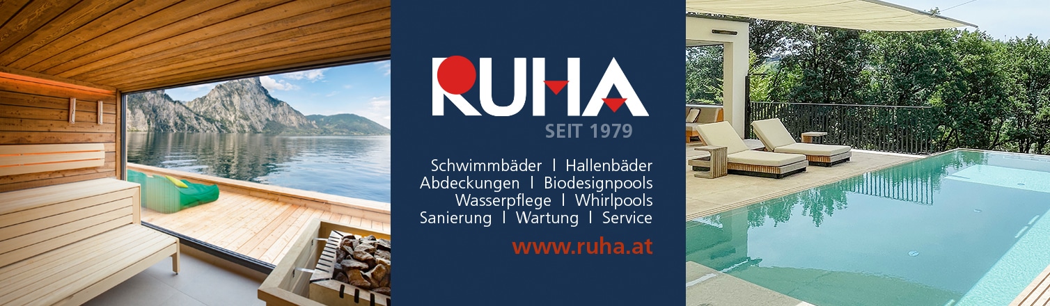 WERBUNG - RUHA Stelzmüller. Schwimmbäder, Hallenbäder, Pool-Abdeckungen, Bio-Designpools, Wasserpflege, Whirlpools, Pool-Sanierung, Pool-Wartung, Pool-Service.
