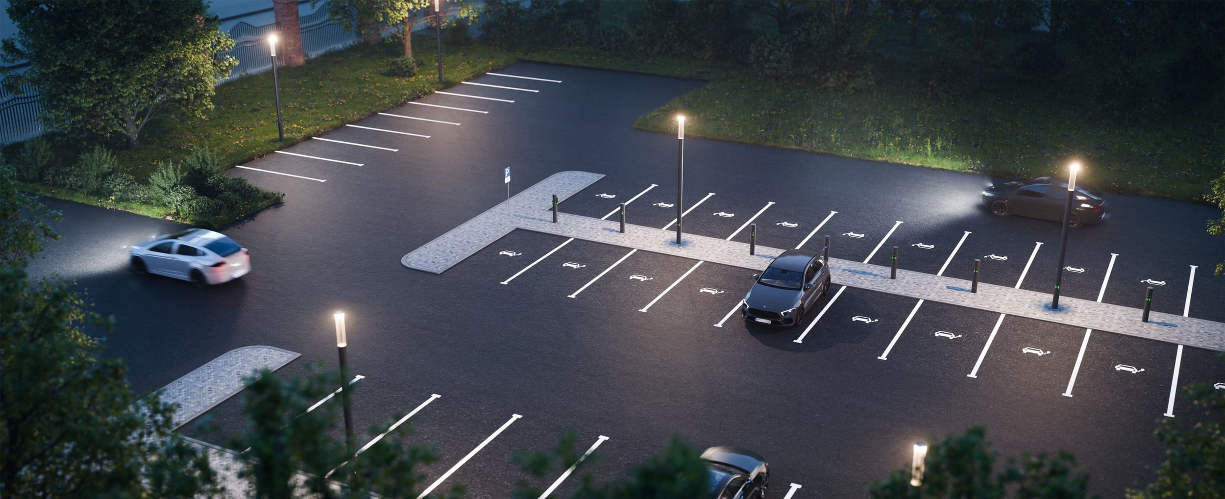 Parkplatz mit vielen Licht-/Ladesäulen und Straßenleuchten von RZB Energy.