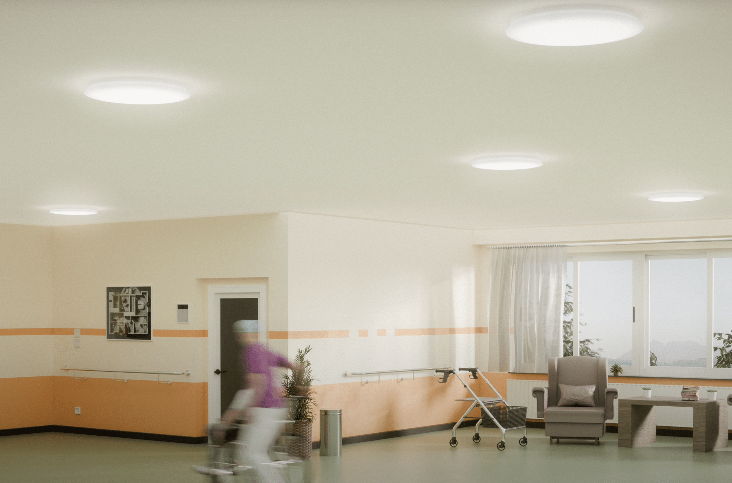 RZB Lighting zeigt einen Krankenhausgang mit den neuen Deckenleuchten MONDANA.