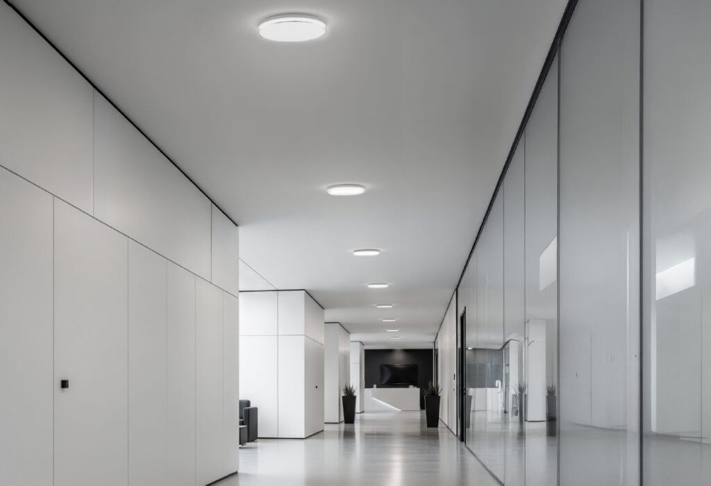 Ein Flur mit Wartebereich in einem Bürogebäude, das mit Deckenleuchten von RZB ausgestattet ist.