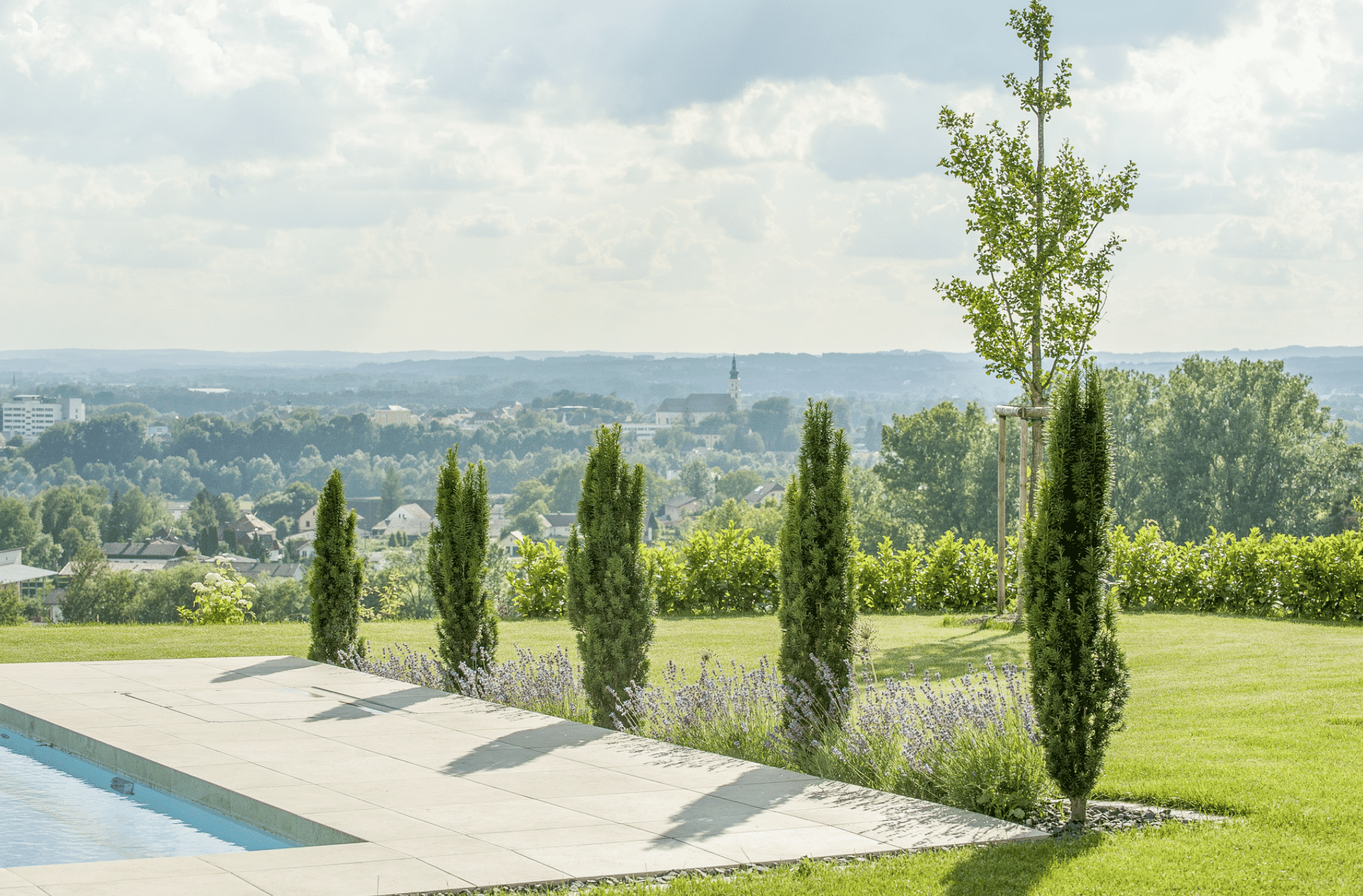 Gartenbau Schmid zeigt einen Garten mit sehr gepflegtem Rasen, Pool, verschiedenen Bäumen und Sträuchern.