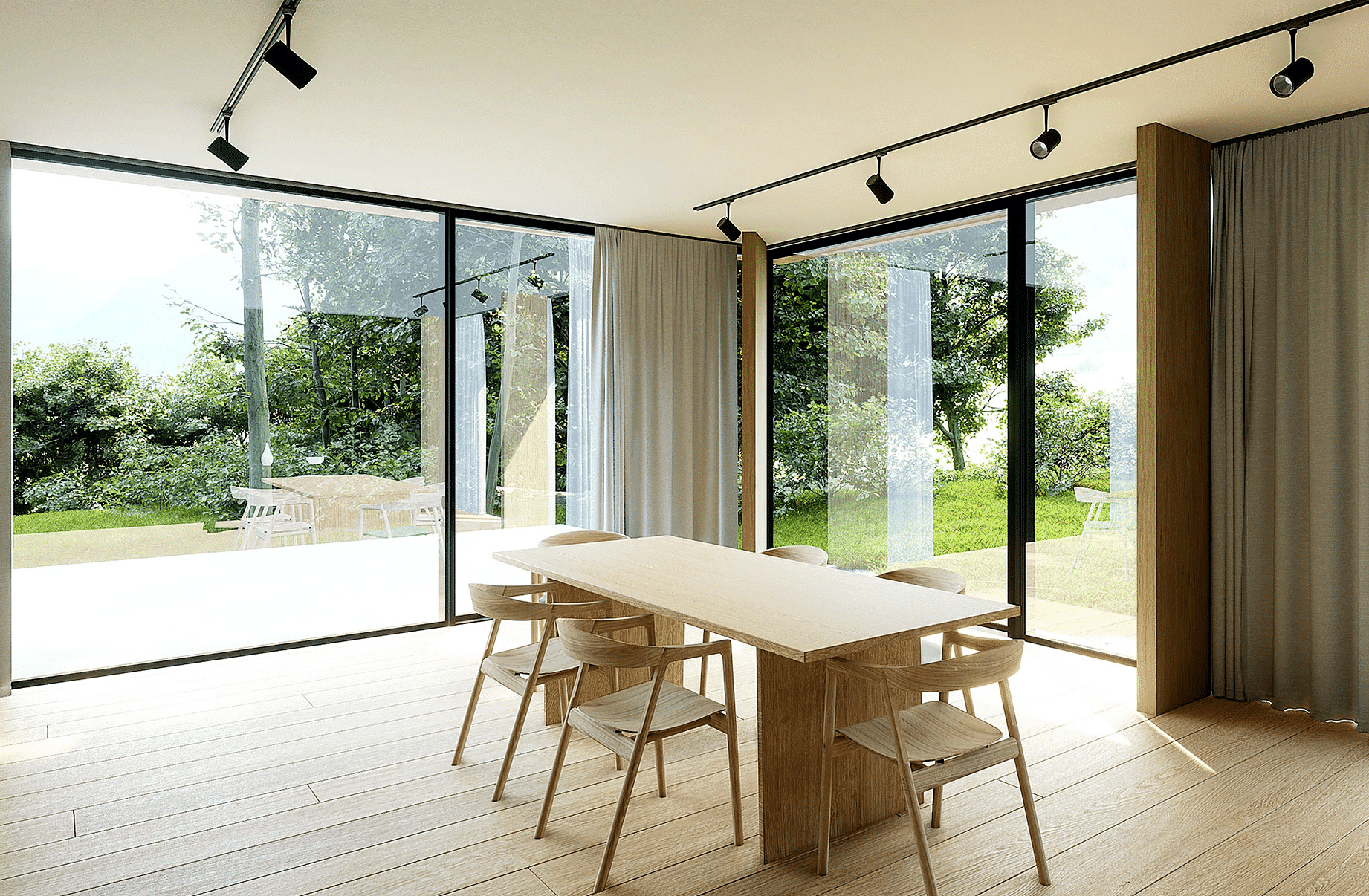 Solarlux zeigt ein Esszimer mit hellem Holzboden und minimalistischem Holztisch und passenden Stühlen mit Glasfronten und einer Glasschiebetür mit Zugang zur gefliesten Terrasse.
