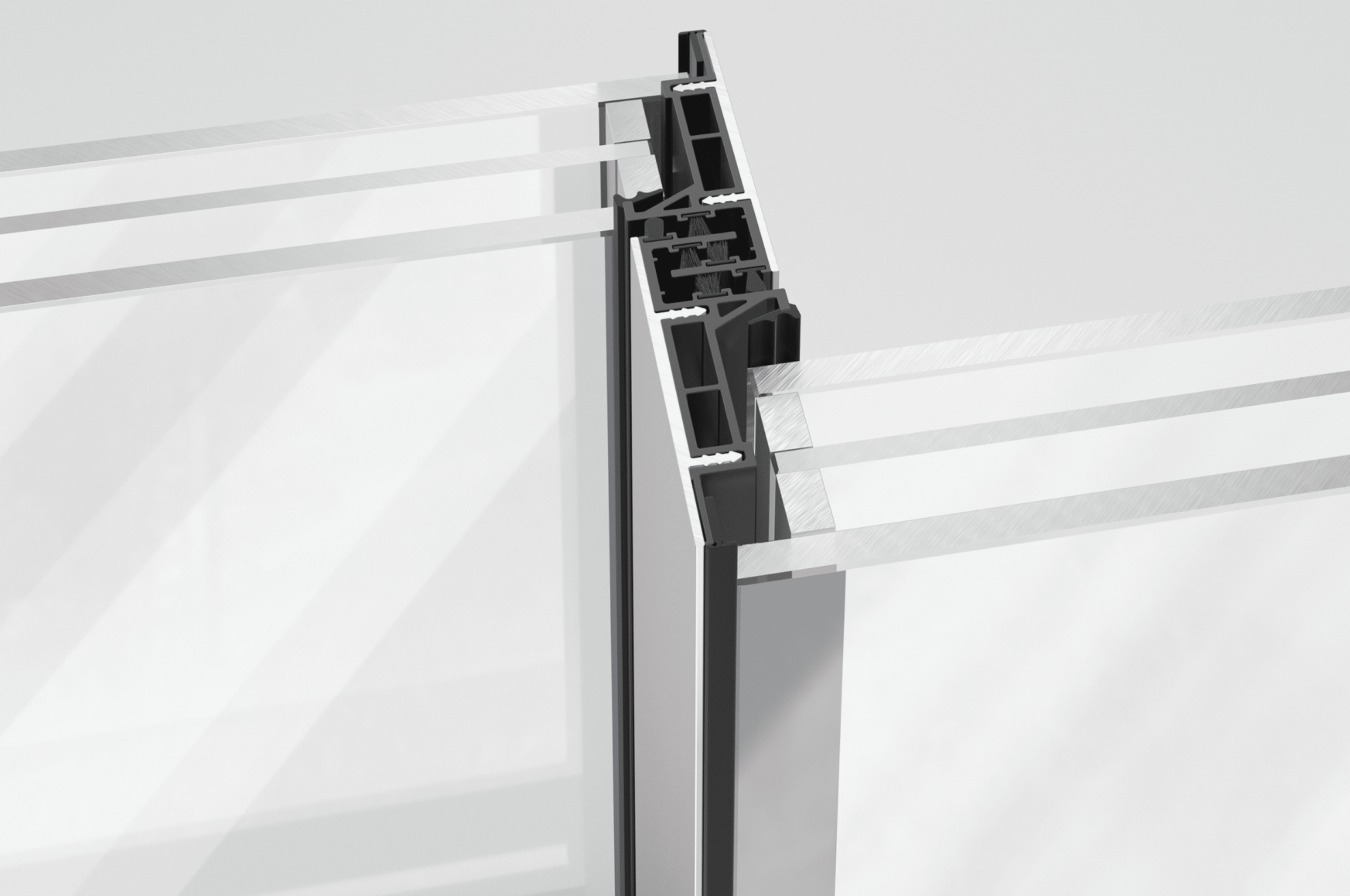 Im Stulp-Bereich entsteht ein Structural-Glazing-Effekt, der die senkrechten Profilleisten nahezu unsichtbar macht. Verantwortlich dafür ist die Ausführung mit Stufenglas. Dabei überdeckt die äußere Glasscheibe der Dreifachverglasung die vertikalen Fensterprofile fast vollständig.