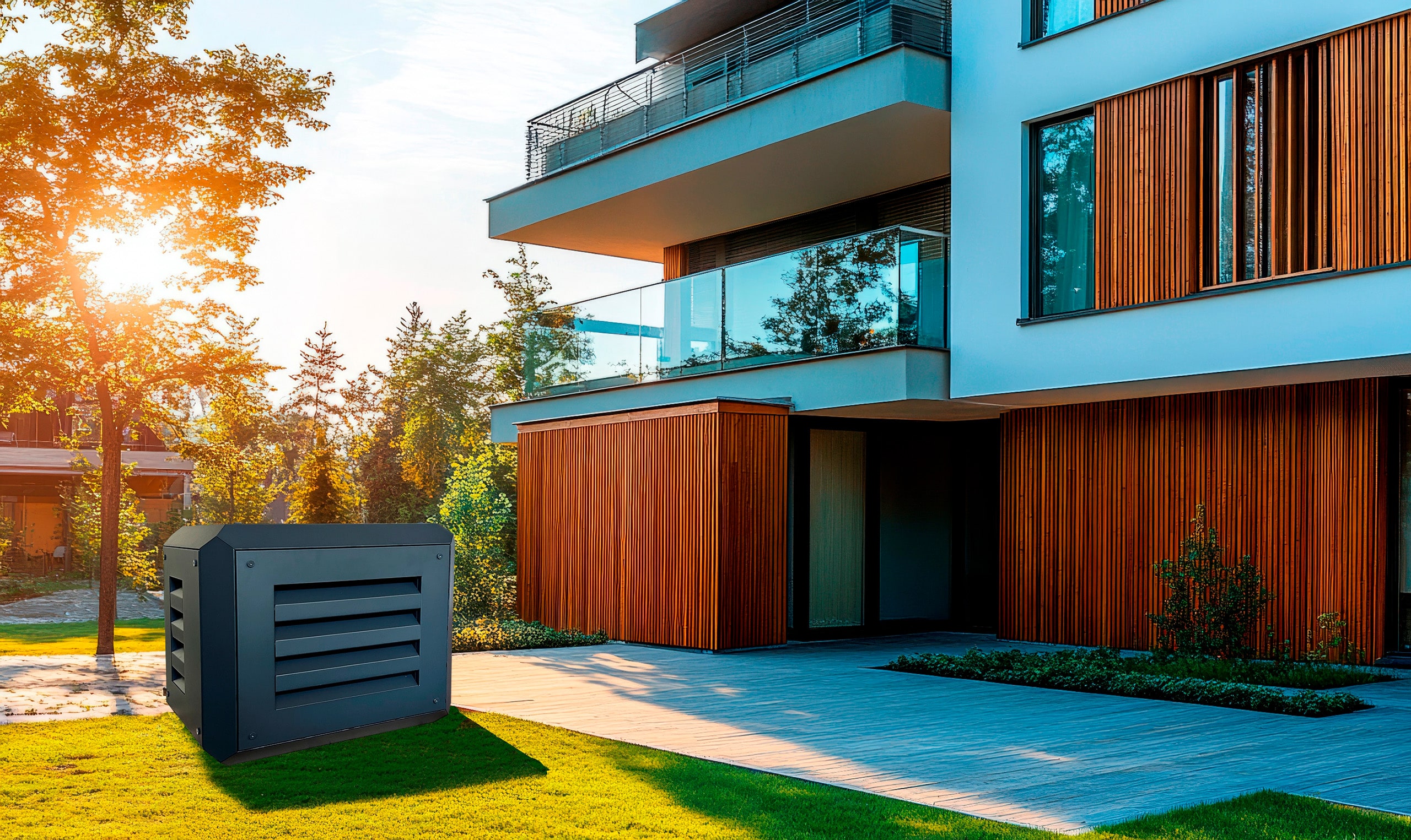 H Stocker zeigt den Garten mit Terasse eines Wohnhauses, in dem eine große Wärmepumpe mit dunkelgrauem Schallschutzgehäuse steht.