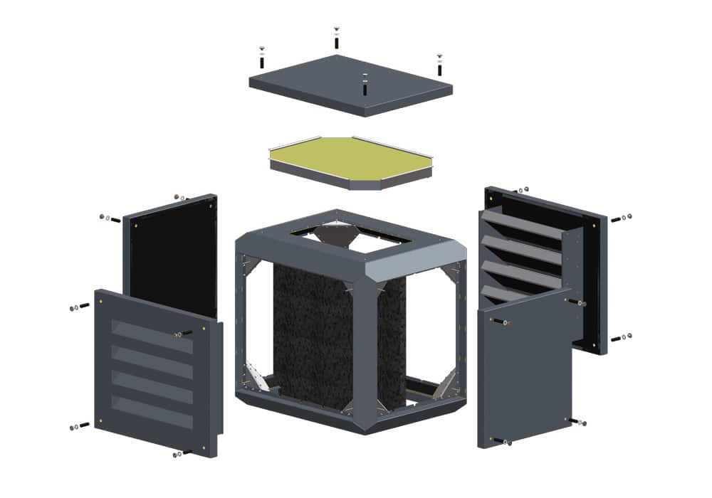 H Stocker zeigt die einzelnen Bestandteile des Schallschutzgehäuses einer Wärmepumpe.