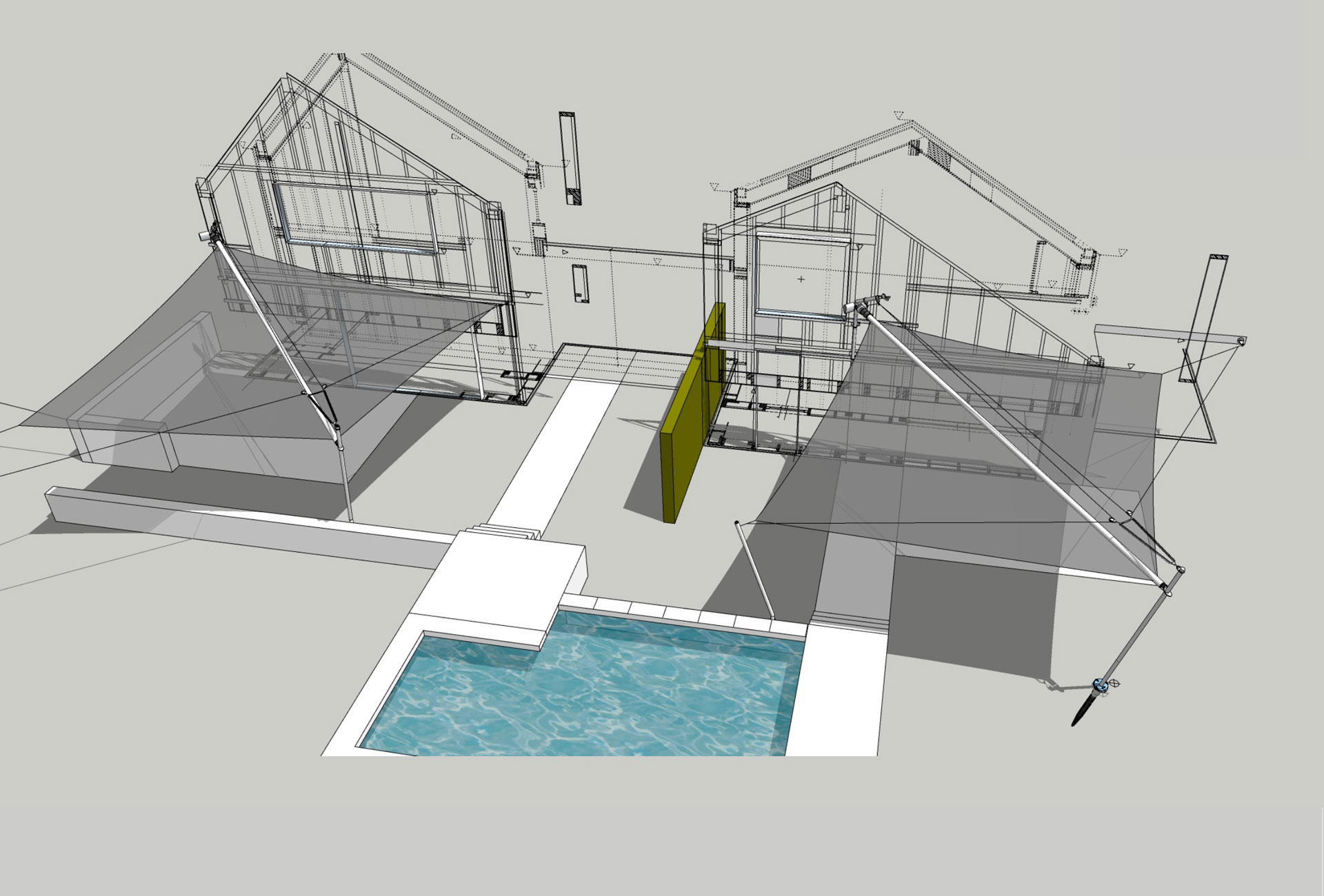 SunSquare Shading Solutions zeigt einen Plan von einer Beschattung mittels Sonnensegel, das aufrollbar ist, von oben.
