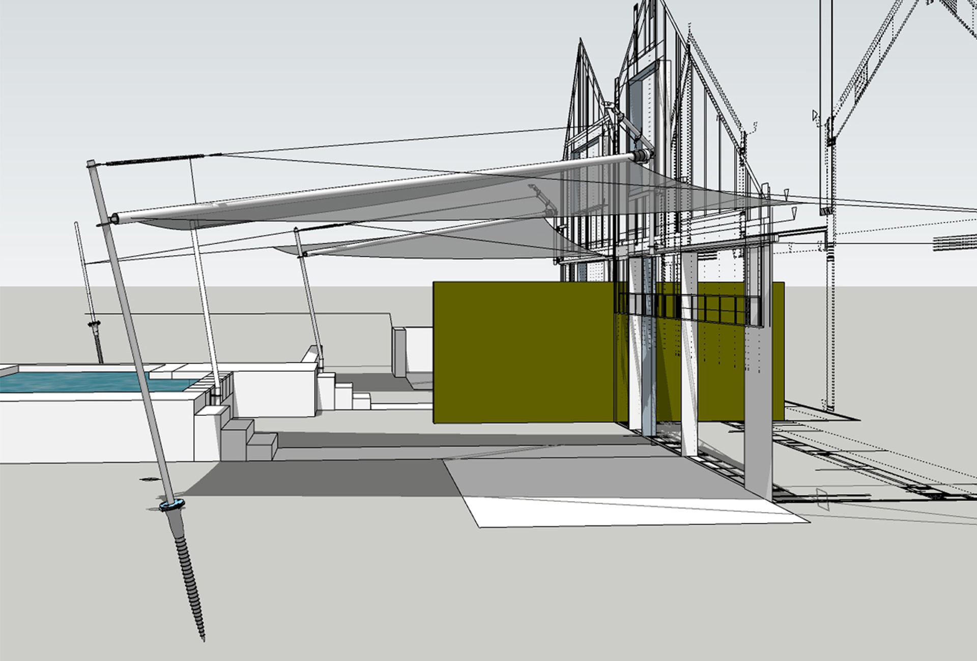 SunSquare Shading Solutions zeigt einen Plan von einer Beschattung mittels Sonnensegel, das aufrollbar ist.